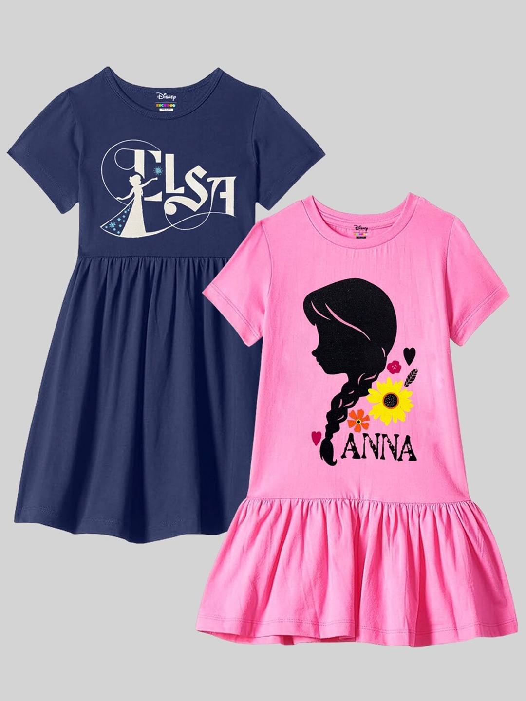 KUCHIPOO Pack of 2 Graphic Print Cotton Fit & Flare Dress, Pink
