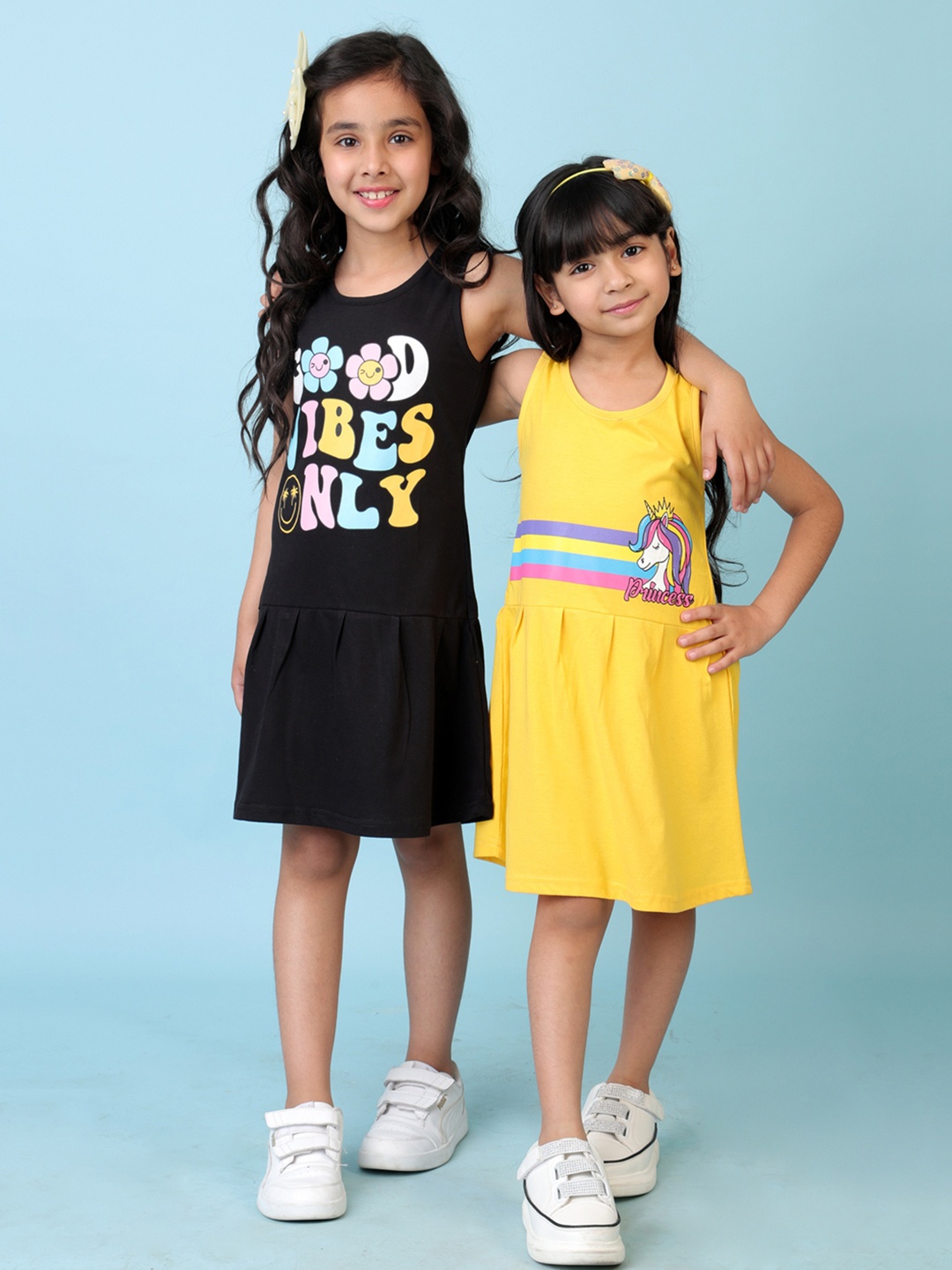 

KUCHIPOO Pack of 2 Graphic Print Fit & Flare Dress, Yellow