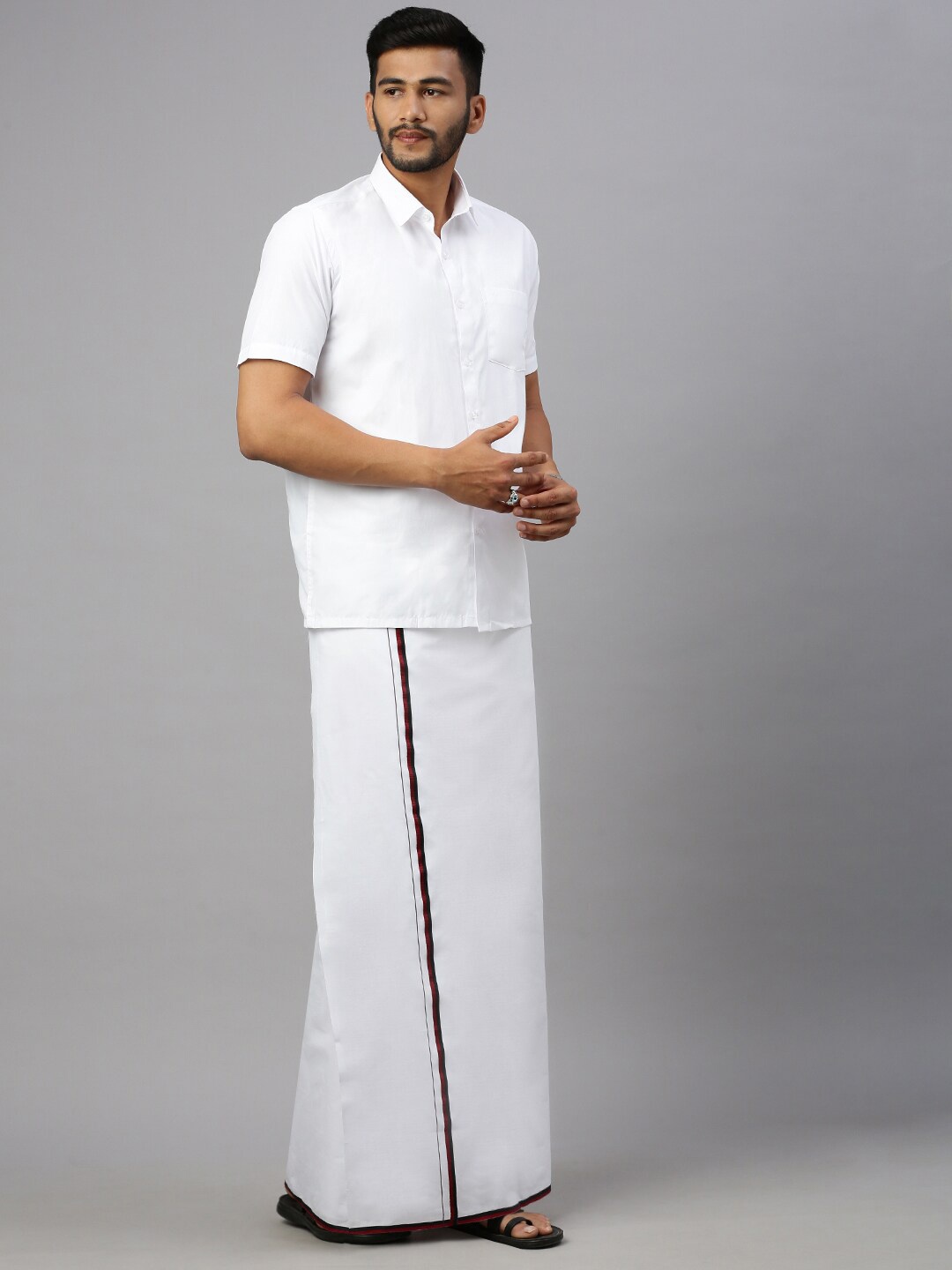 

Ramraj Shirt Collar Short Sleeves Shirt With Veshti, White