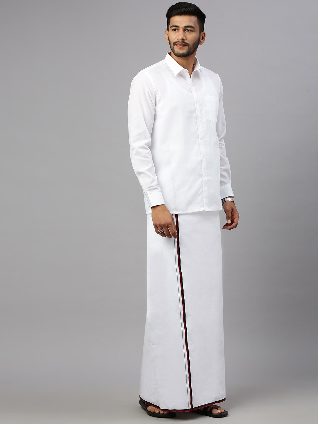 

Ramraj Shirt Collar Long Sleeves Shirt With Veshti, White