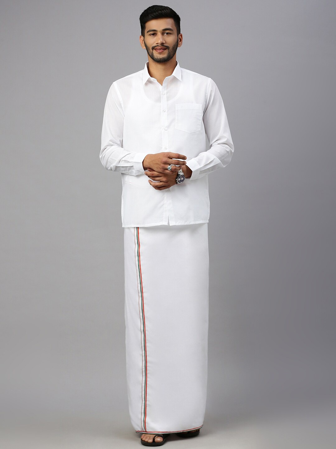 Ramraj Shirt Collar Long Sleeves Shirt With Veshti, White