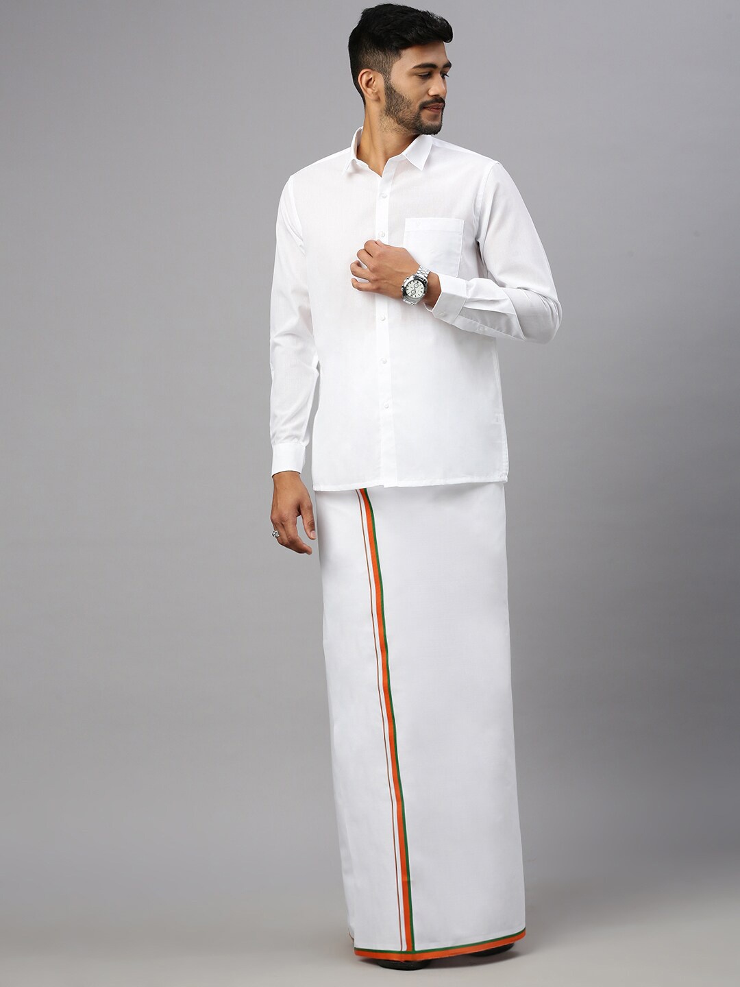 

Ramraj Shirt Collar Long Sleeves Shirt With Veshti, White