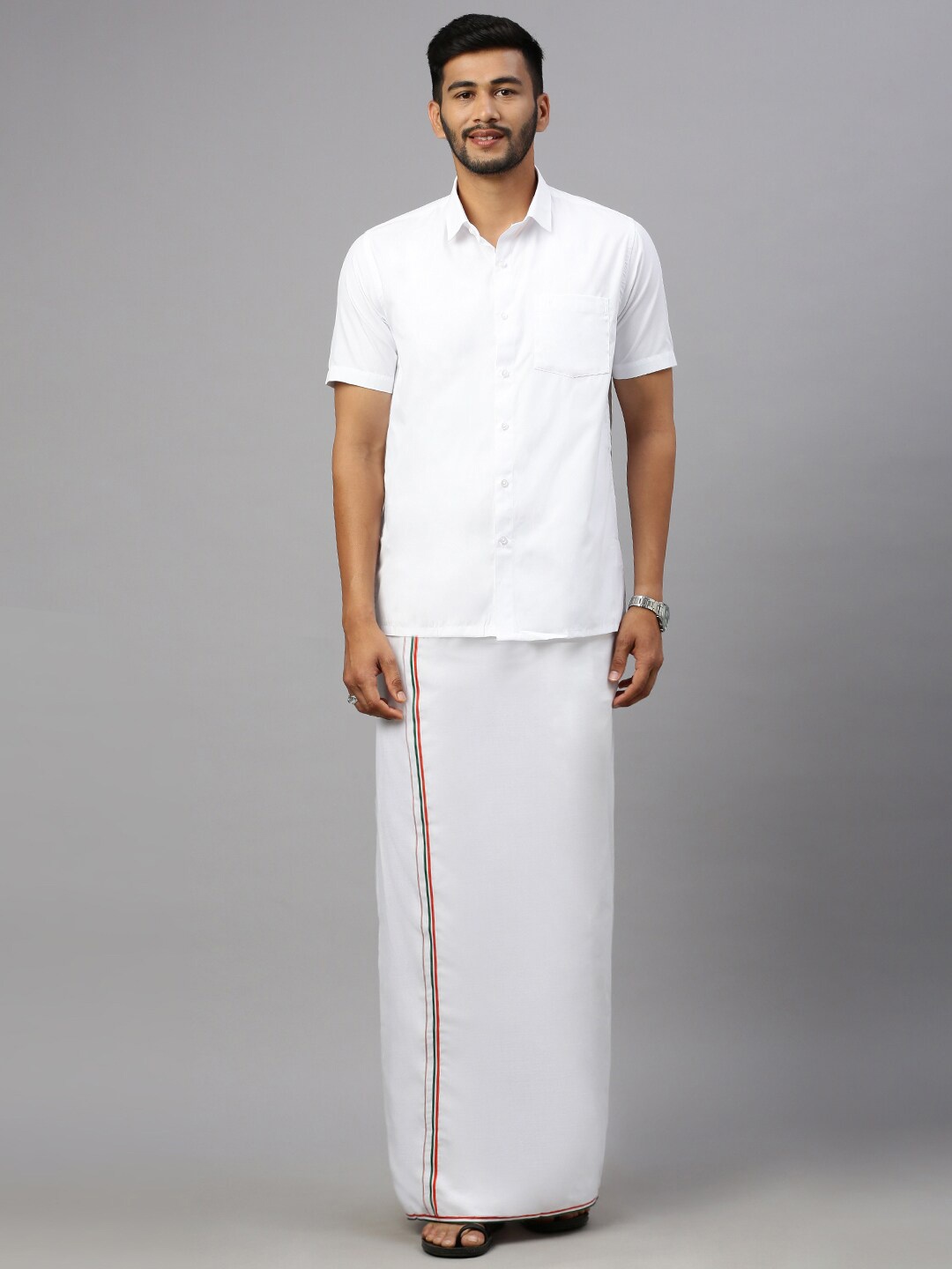

Ramraj Shirt Collar Short Sleeves Shirt With Veshti, White