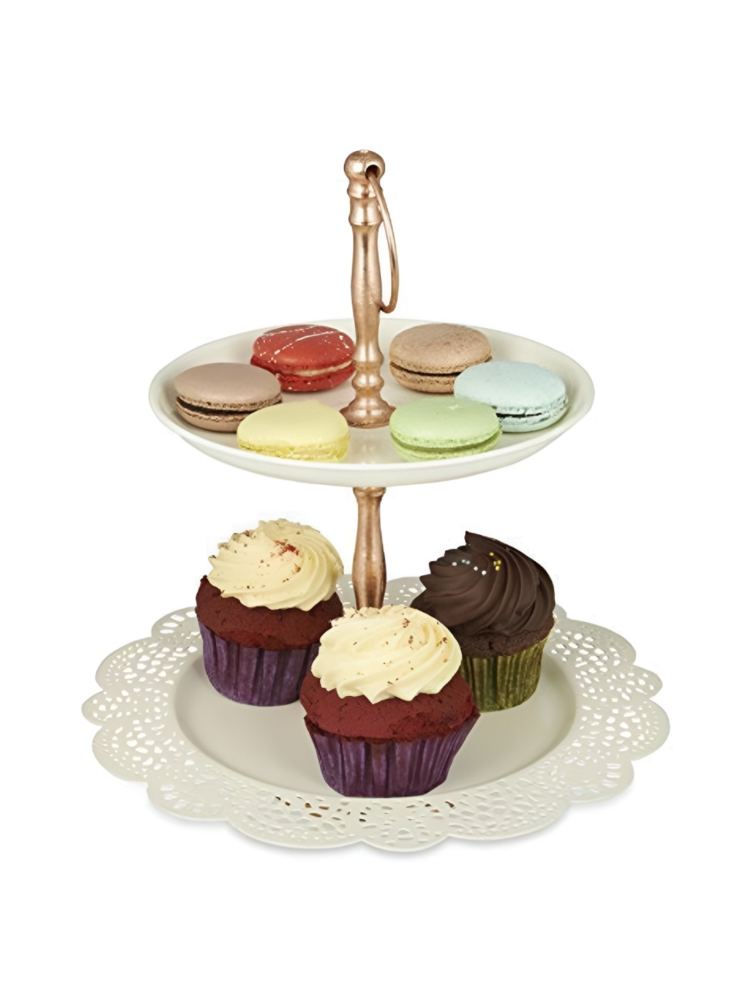 

Living With Elan Off-White Stainless Steel Flourish 2 Tier Cake Stand