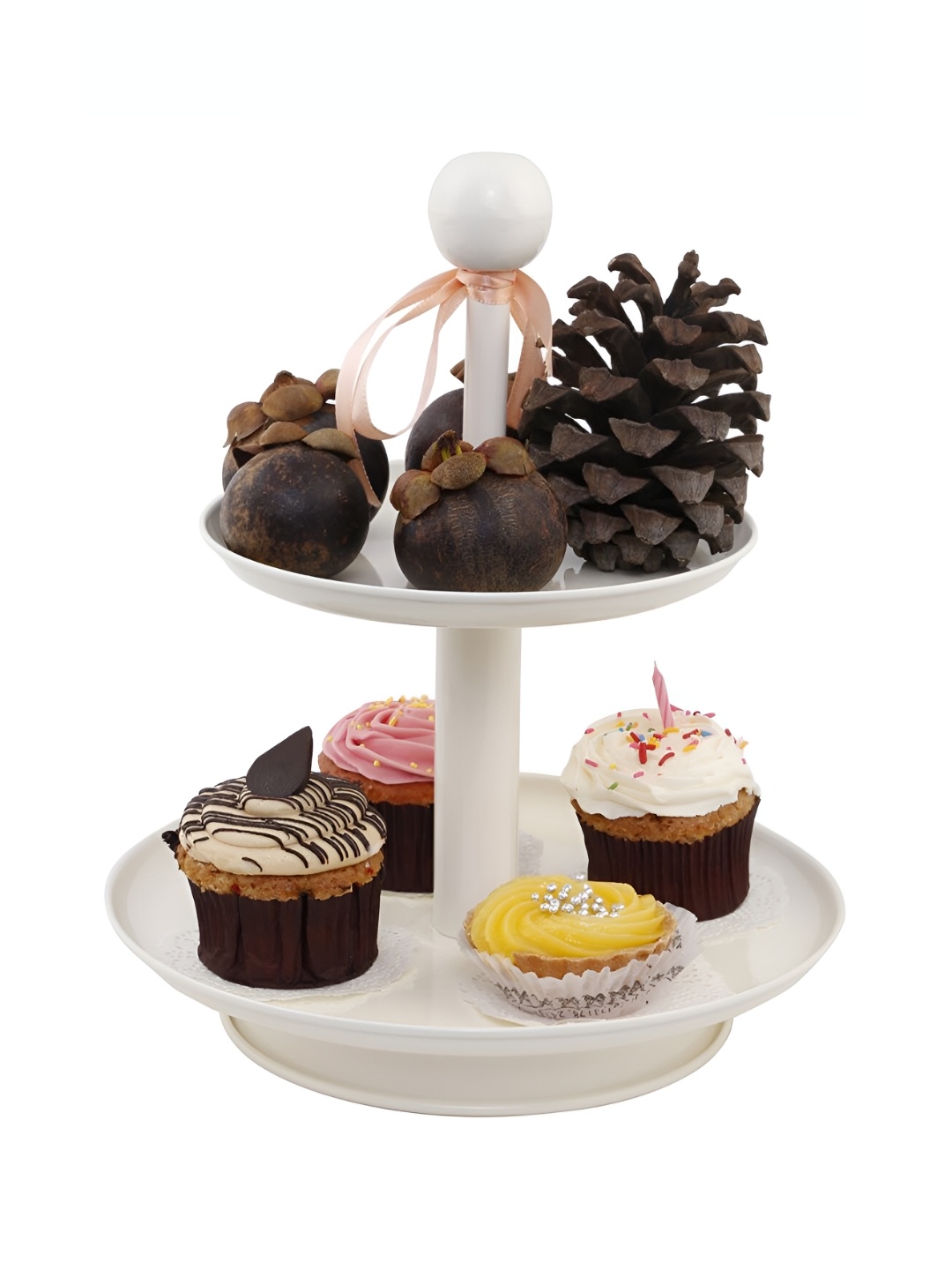 

Living With Elan Off White Stainless Steel Metal Knob 2 Tier Cake Cupcake Stand