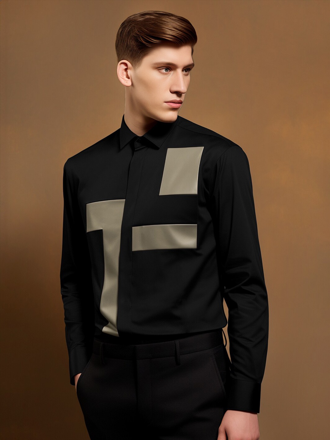 

HE SPOKE Smart Tailored Fit Colourblocked Cotton Semiformal Shirt, Black