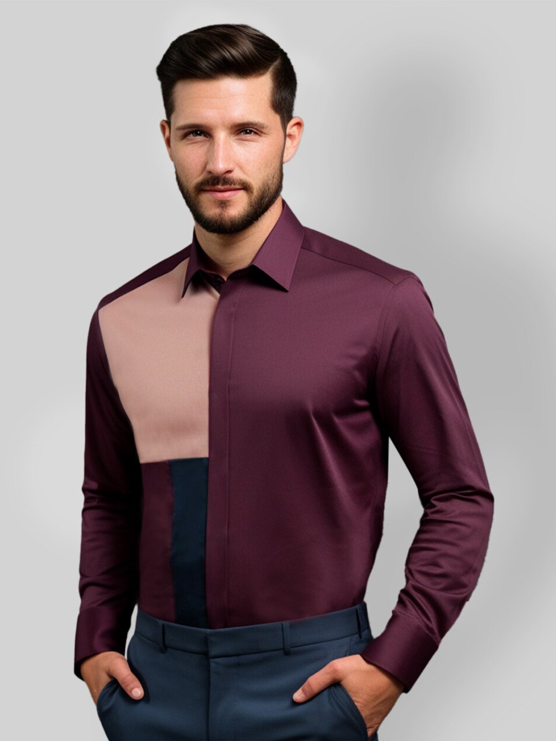 

HE SPOKE Smart Tailored Fit Colourblocked Cotton Semiformal Shirt, Burgundy