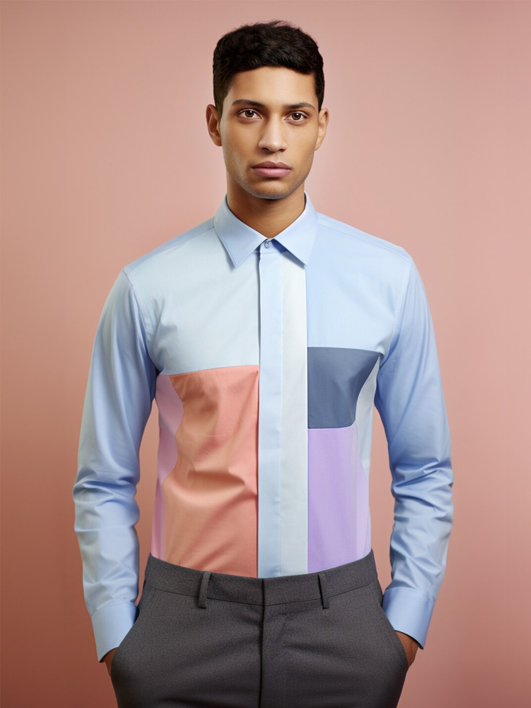 

HE SPOKE Smart Tailored Fit Colourblocked Cotton Casual Shirt, Blue