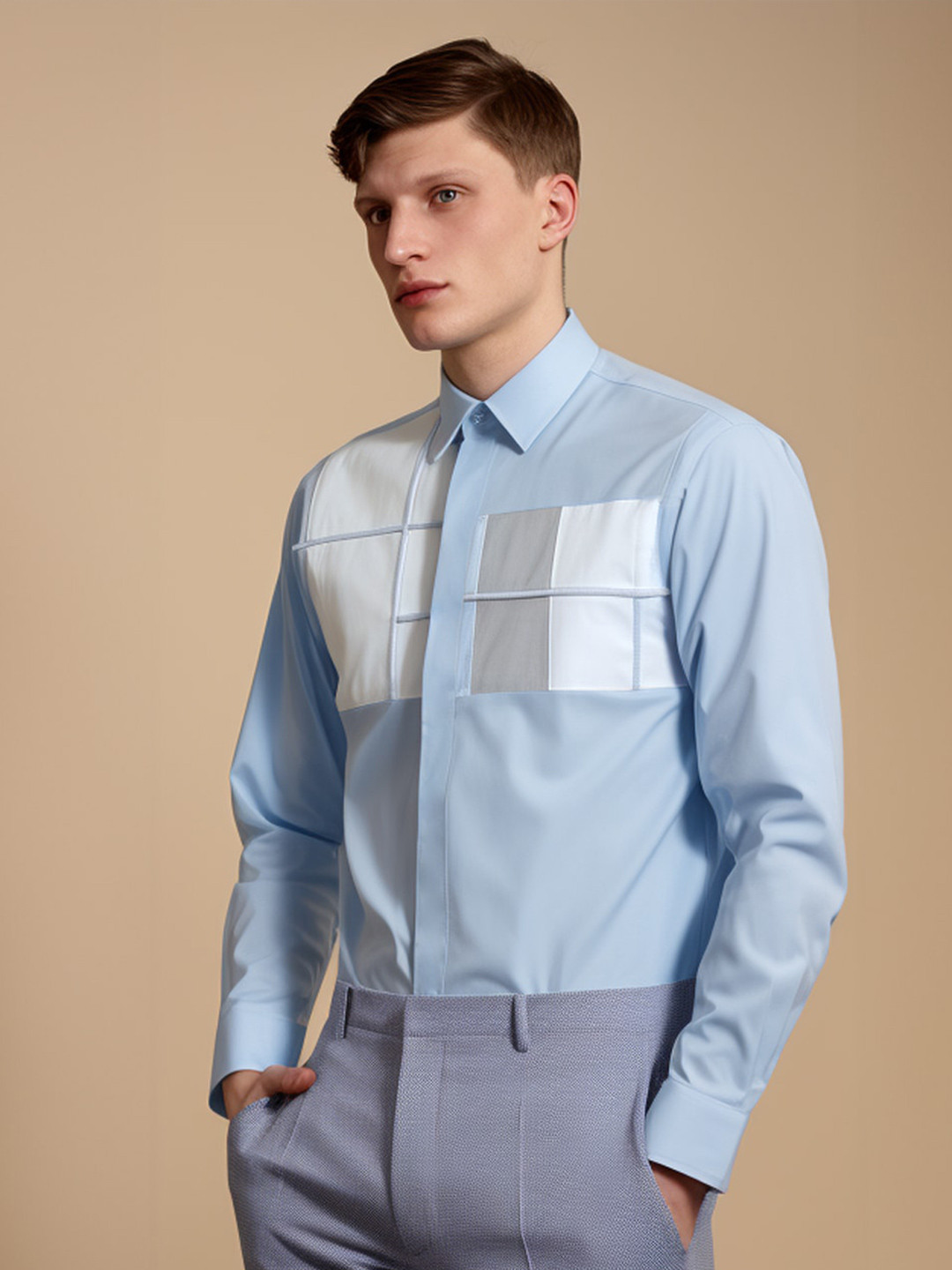 

HE SPOKE Smart Tailored Fit Colourblocked Cotton Semiformal Shirt, Blue