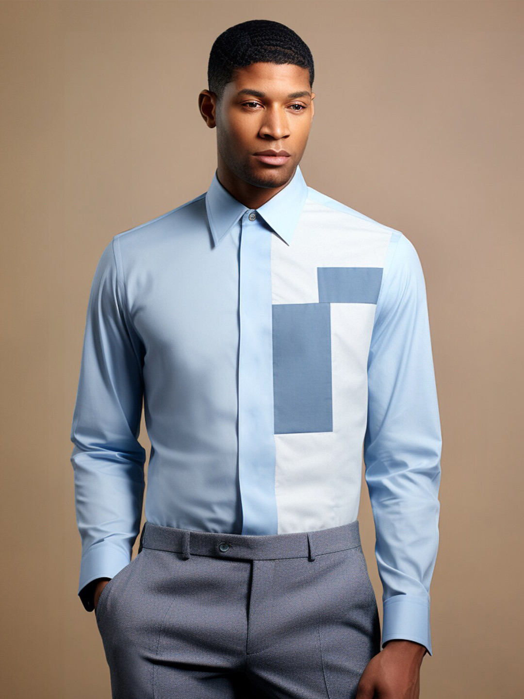 

HE SPOKE Smart Tailored Fit Colourblocked Cotton Semiformal Shirt, Blue