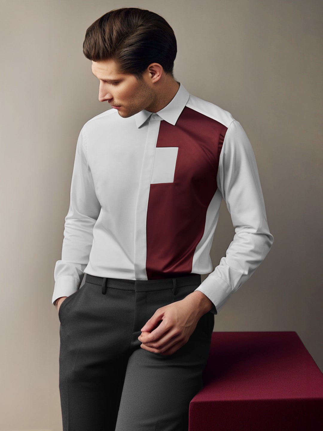 

HE SPOKE Smart Tailored Fit Colourblocked Cotton Semiformal Shirt, White