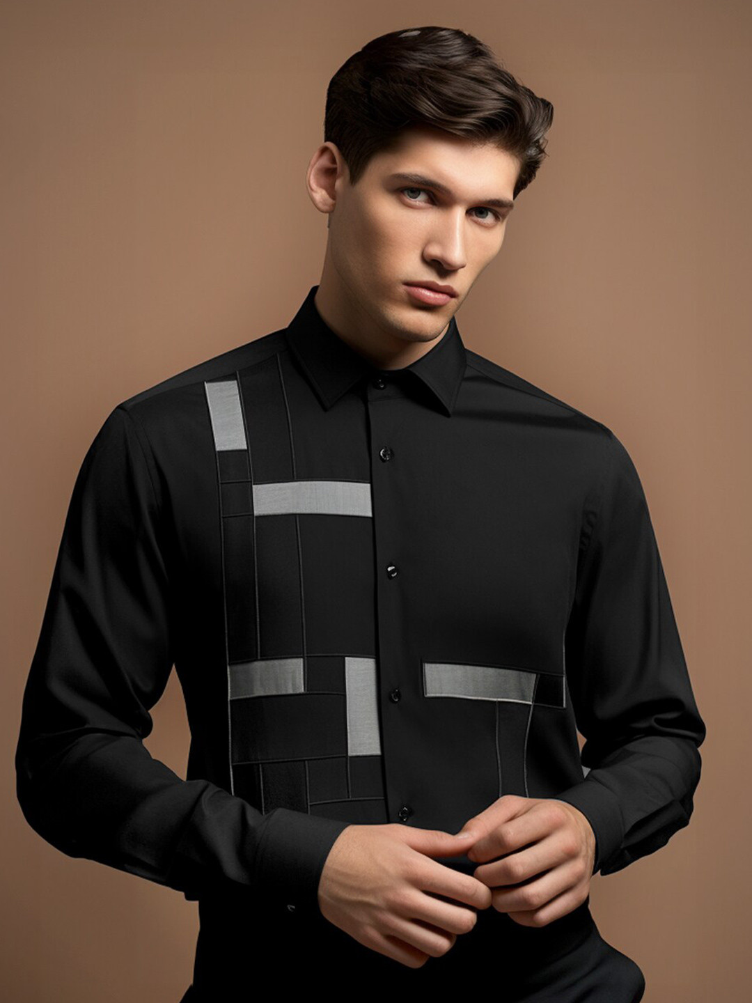 

HE SPOKE Smart Tailored Fit Colourblocked Cotton Semiformal Shirt, Black