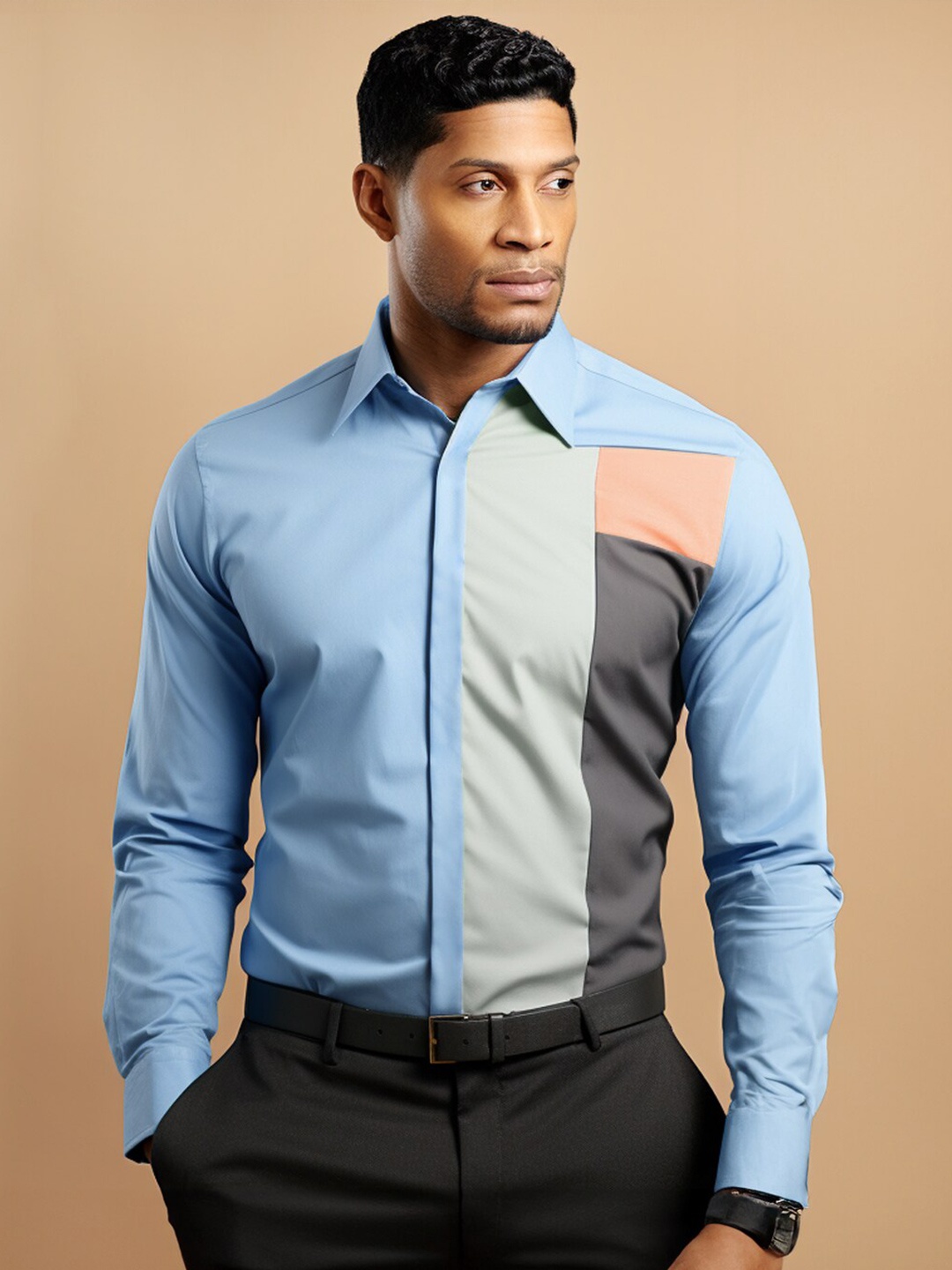 

HE SPOKE Smart Tailored Fit Colourblocked Cotton Semiformal Shirt, Blue