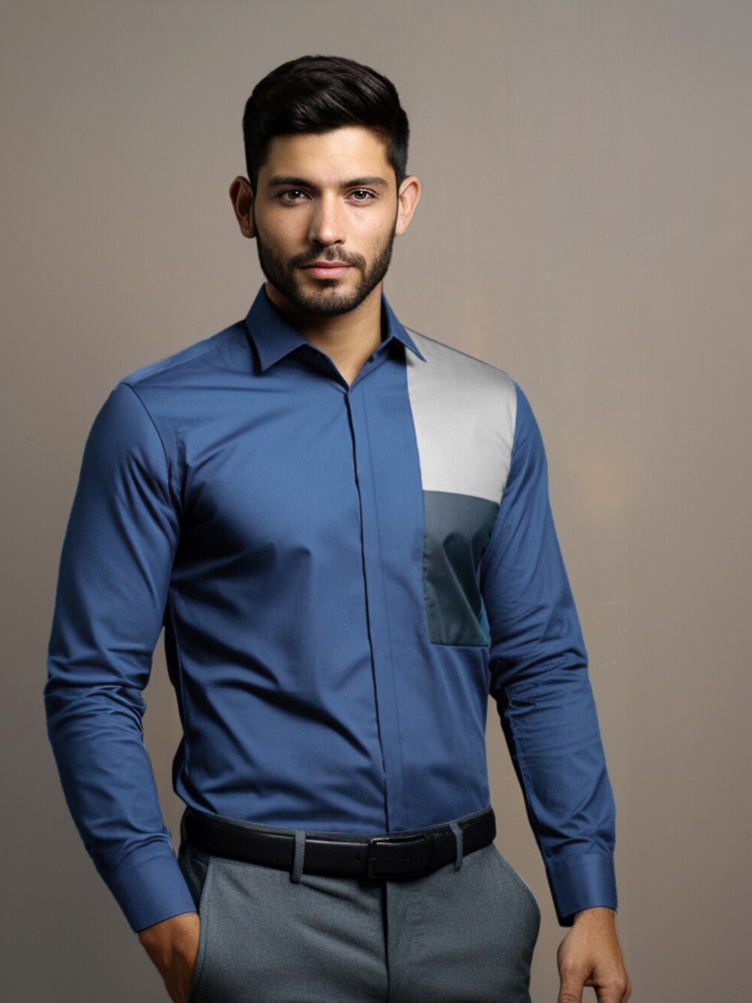 

HE SPOKE Smart Tailored Fit Colourblocked Cotton Semiformal Shirt, Blue