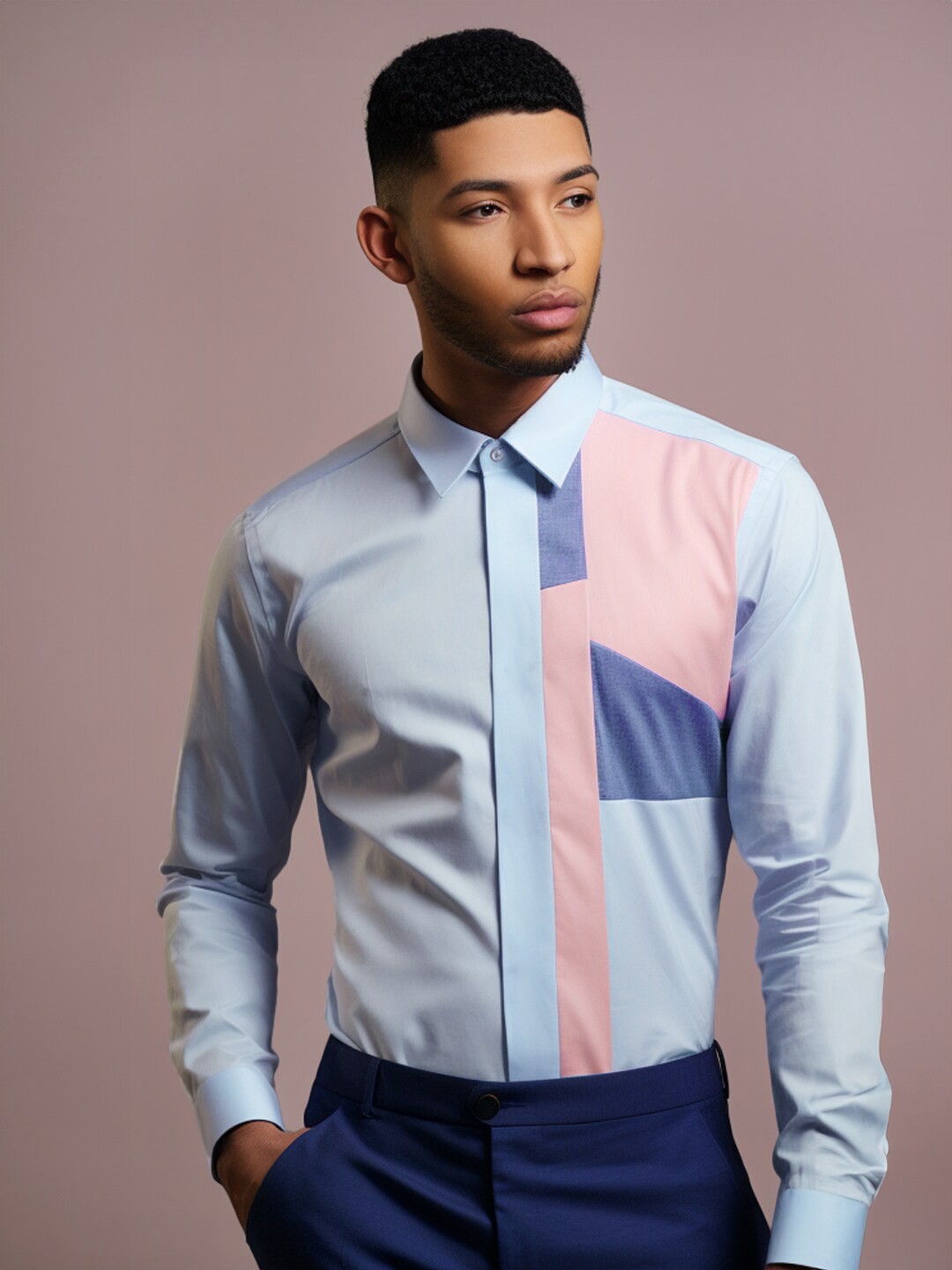 

HE SPOKE Smart Tailored Fit Colourblocked Cotton Casual Shirt, Blue