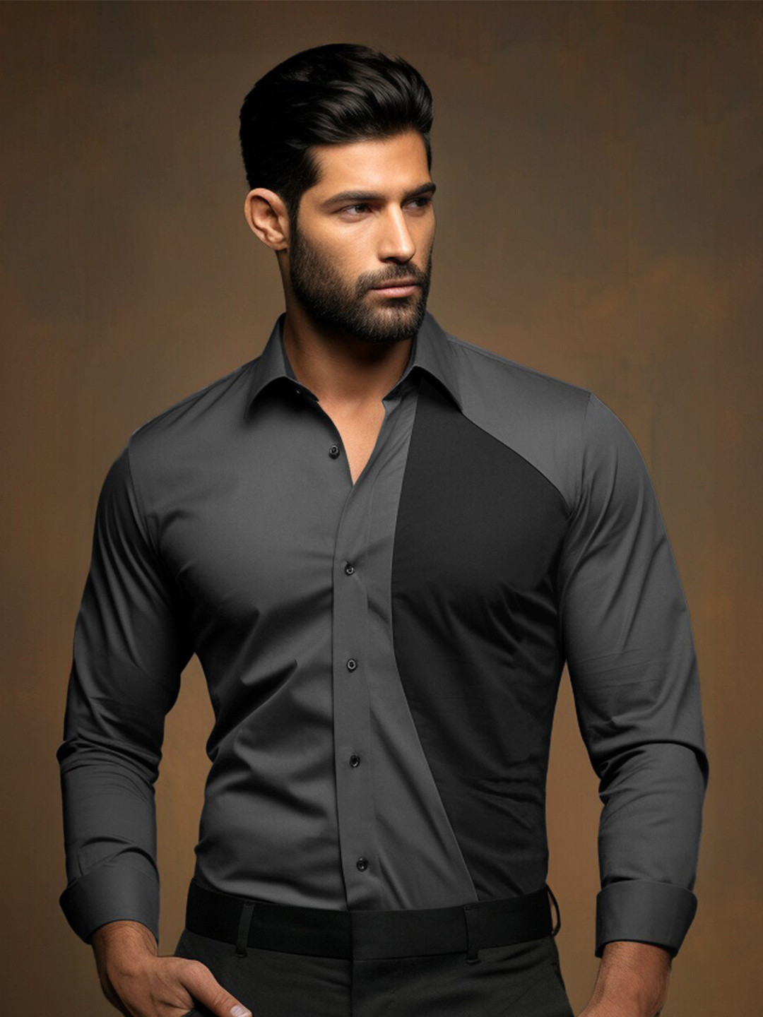 

HE SPOKE Smart Tailored Fit Colourblocked Cotton Casual Shirt, Grey