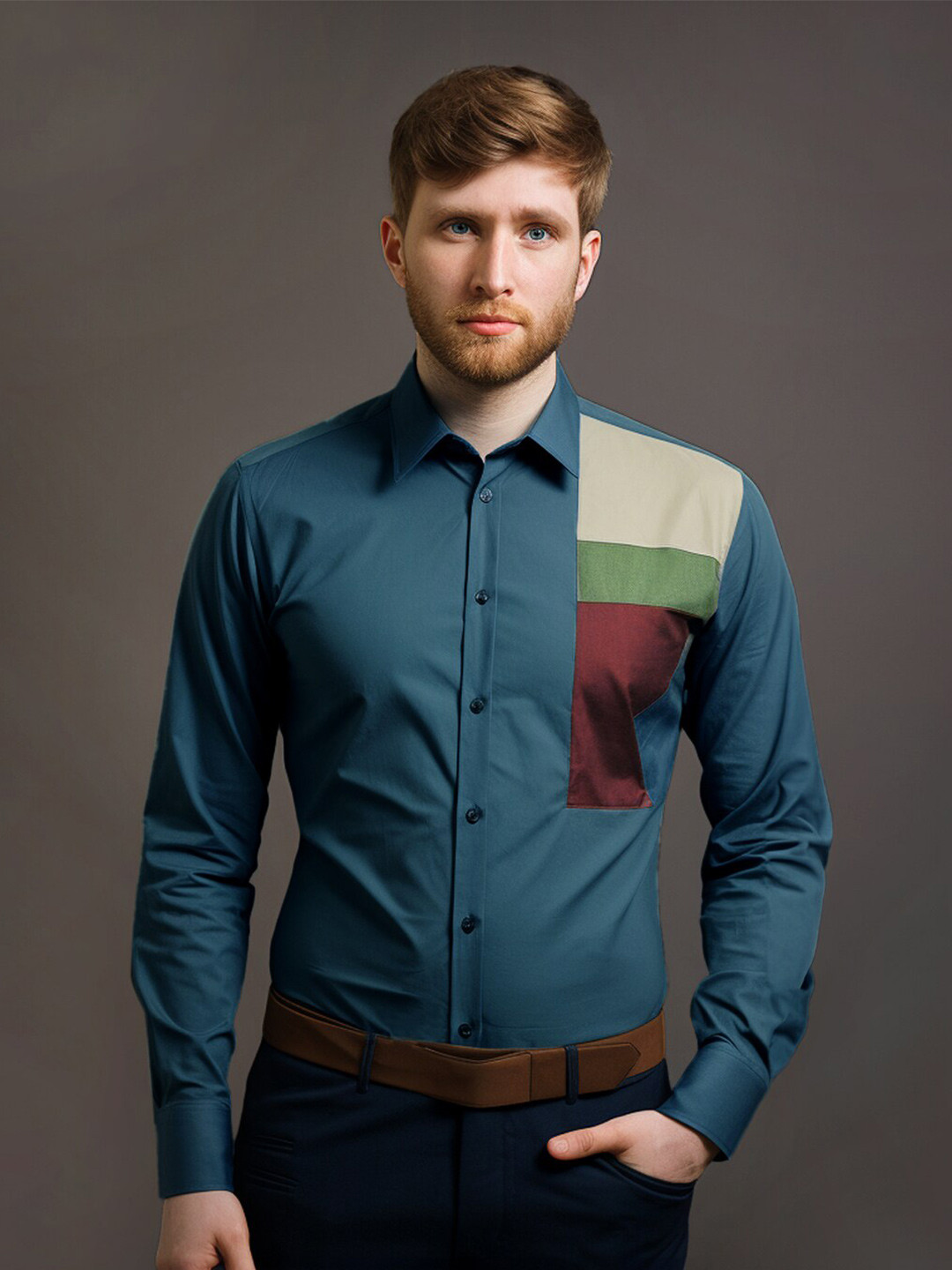 

HE SPOKE Smart Tailored Fit Colourblocked Cotton Casual Shirt, Sea green