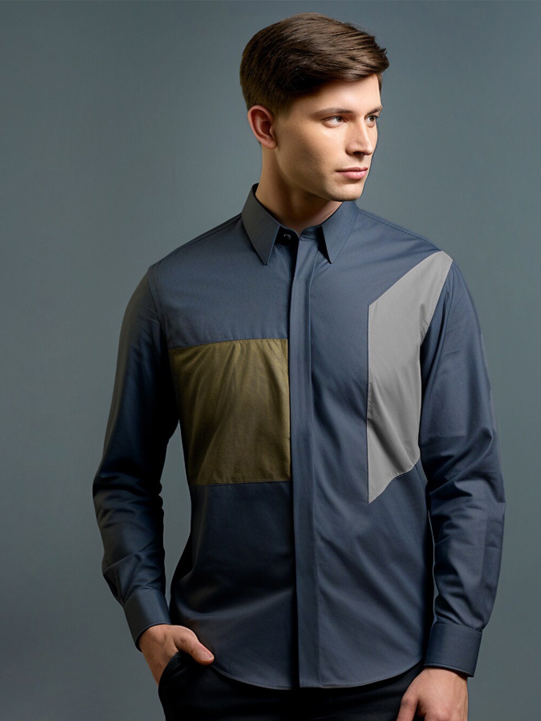 

HE SPOKE Smart Tailored Fit Colourblocked Cotton Casual Shirt, Grey