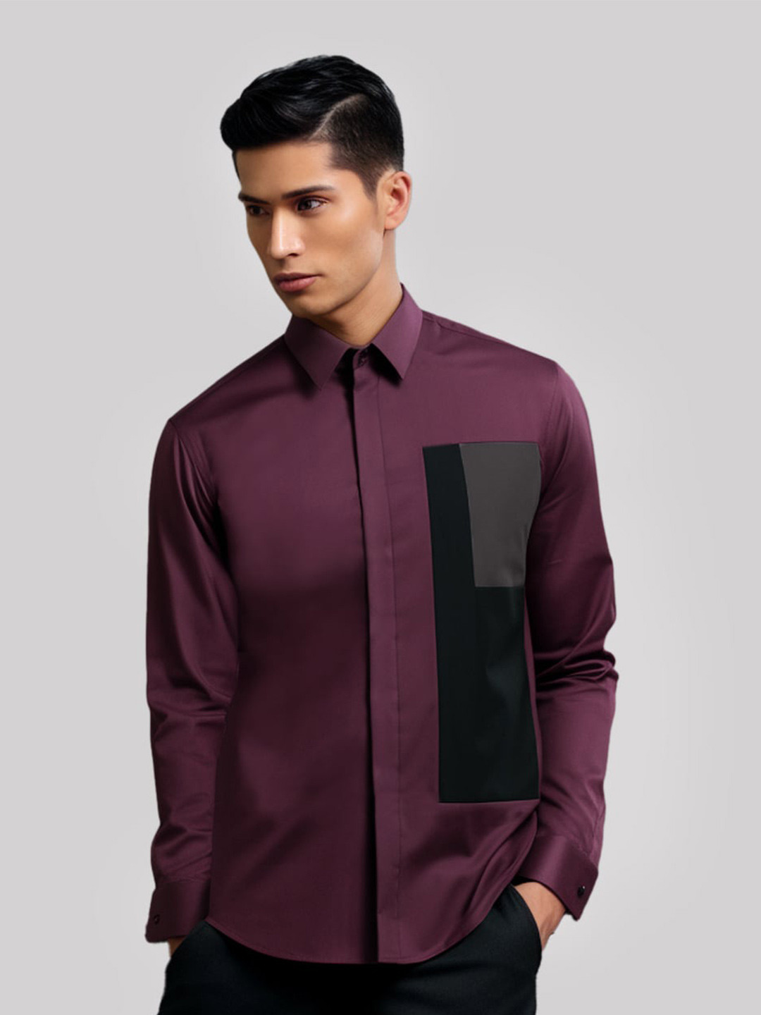 

HE SPOKE Smart Tailored Fit Colourblocked Cotton Semiformal Shirt, Burgundy