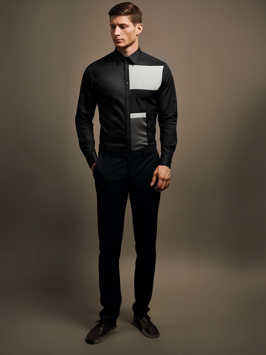 

HE SPOKE Smart Tailored Fit Colourblocked Cotton Semiformal Shirt, Black