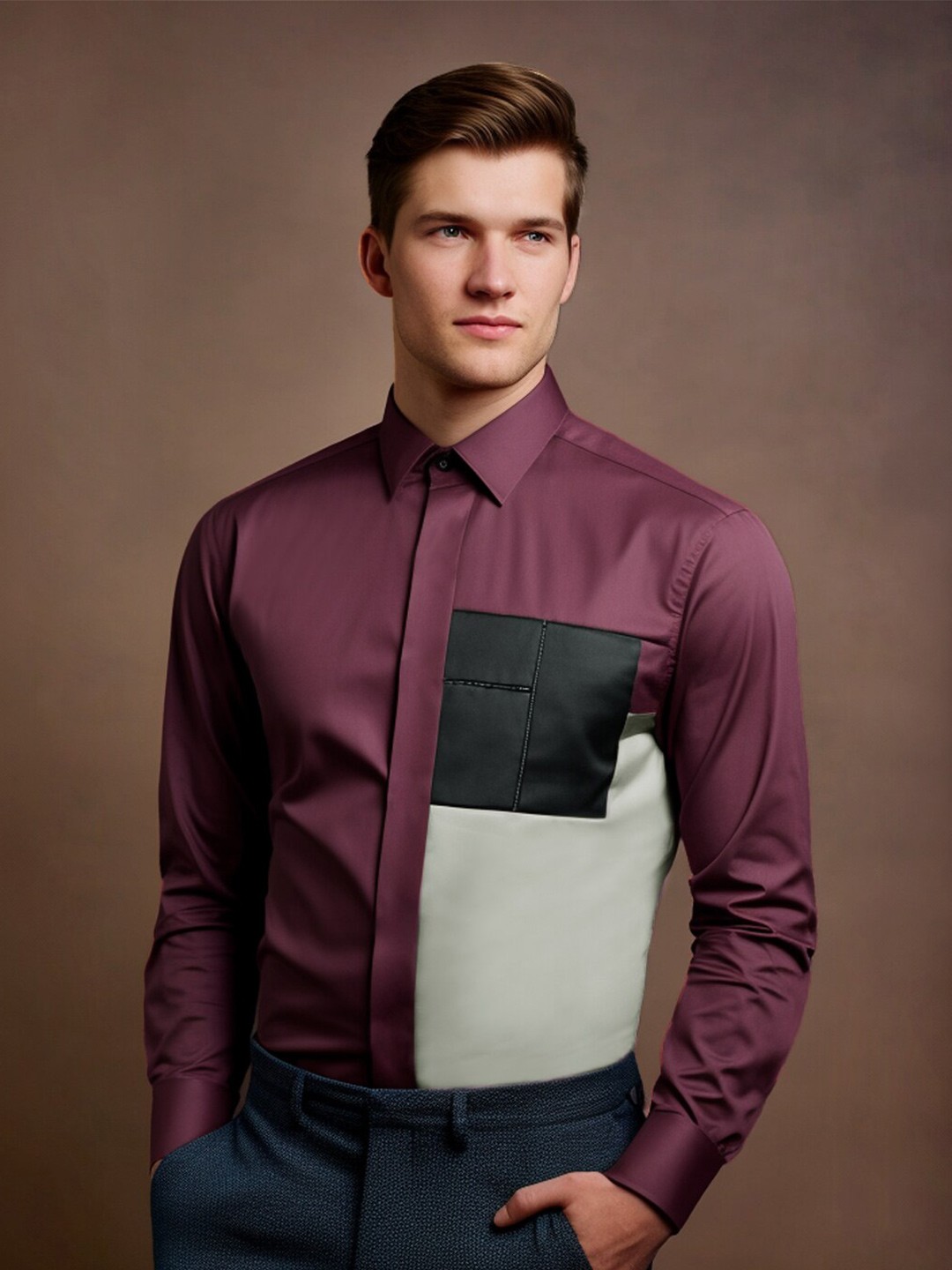 

HE SPOKE Smart Tailored Fit Colourblocked Cotton Semiformal Shirt, Burgundy
