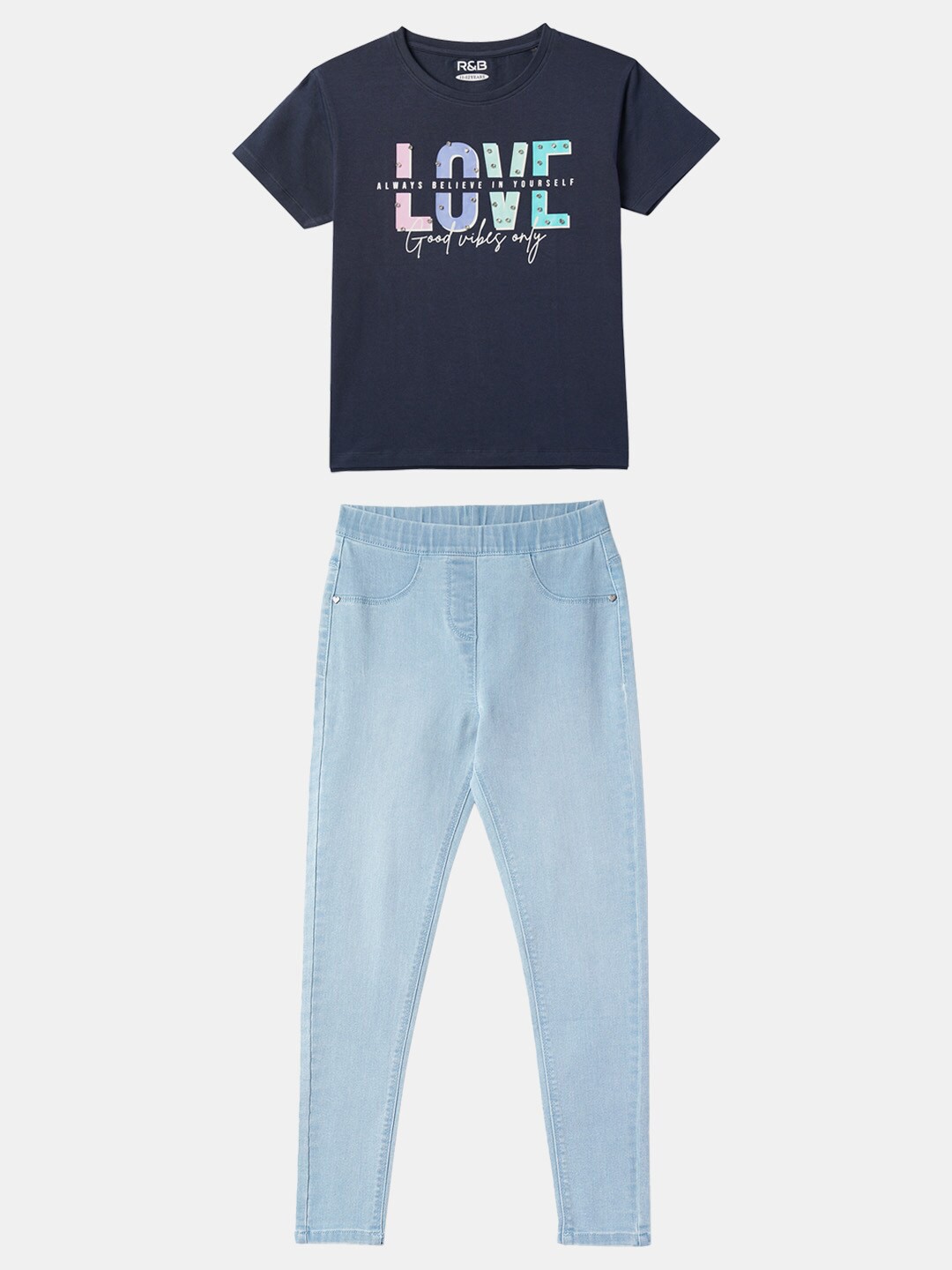 

R&B Girls Printed Pure Cotton T-Shirt With Trousers, Navy blue