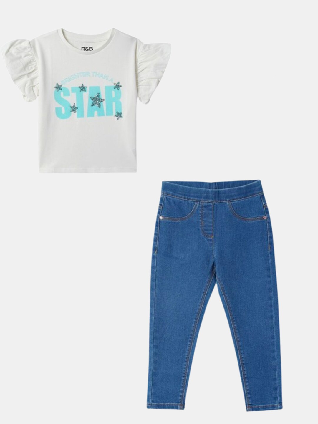 

R&B Girls Printed Pure Cotton Top With Trousers, White