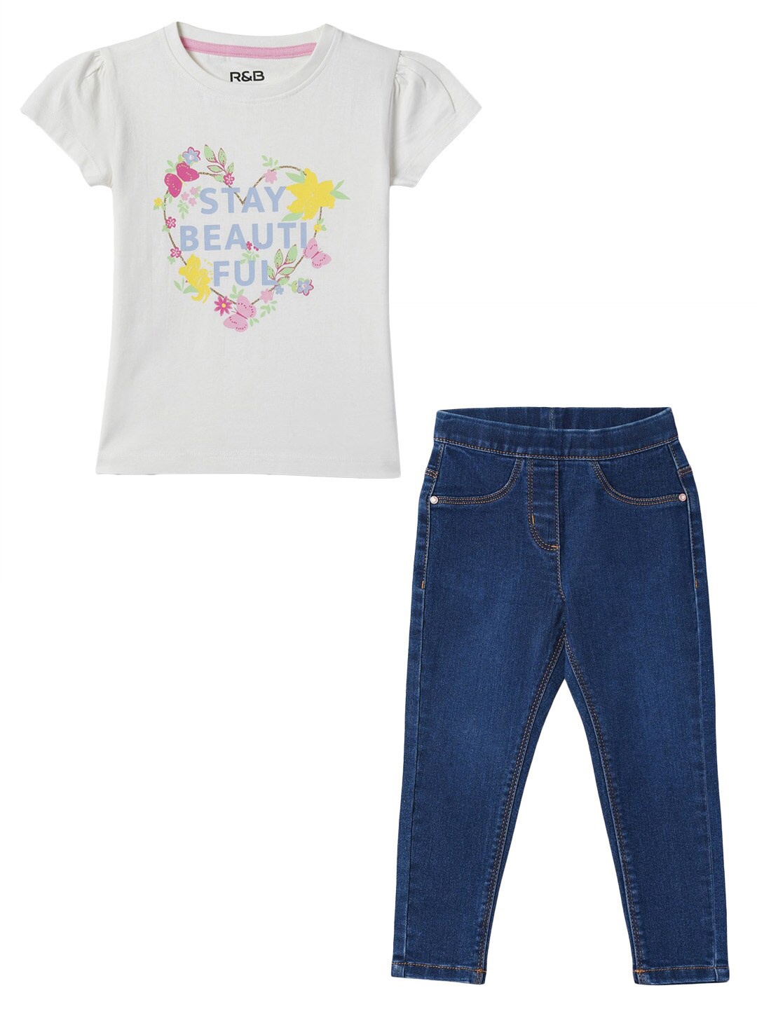 R&B Girls Printed Round Neck Short Sleeves Pure Cotton Clothing Set, Off white