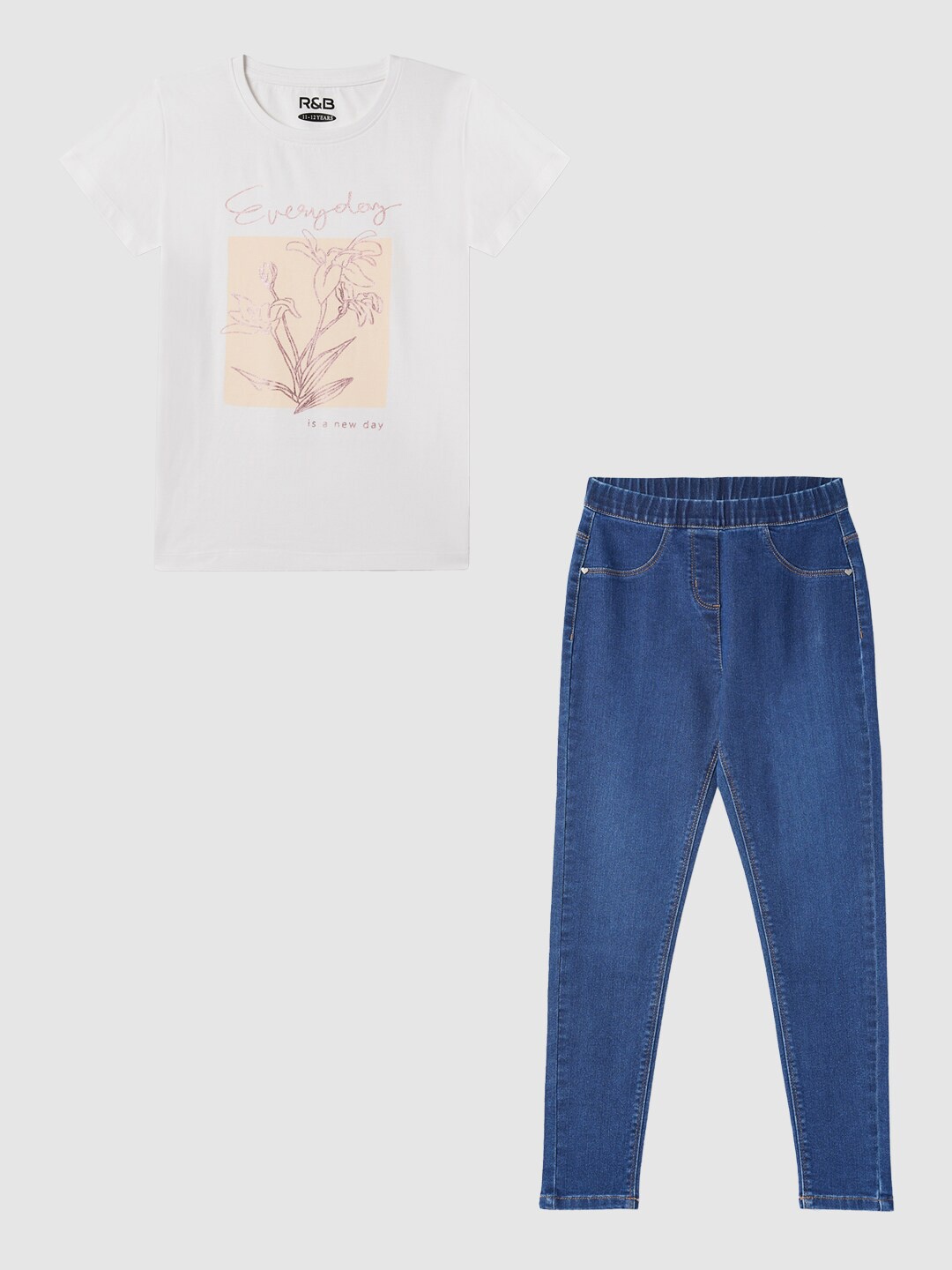 

R&B Girls Printed Pure Cotton T-shirt With Trousers, White