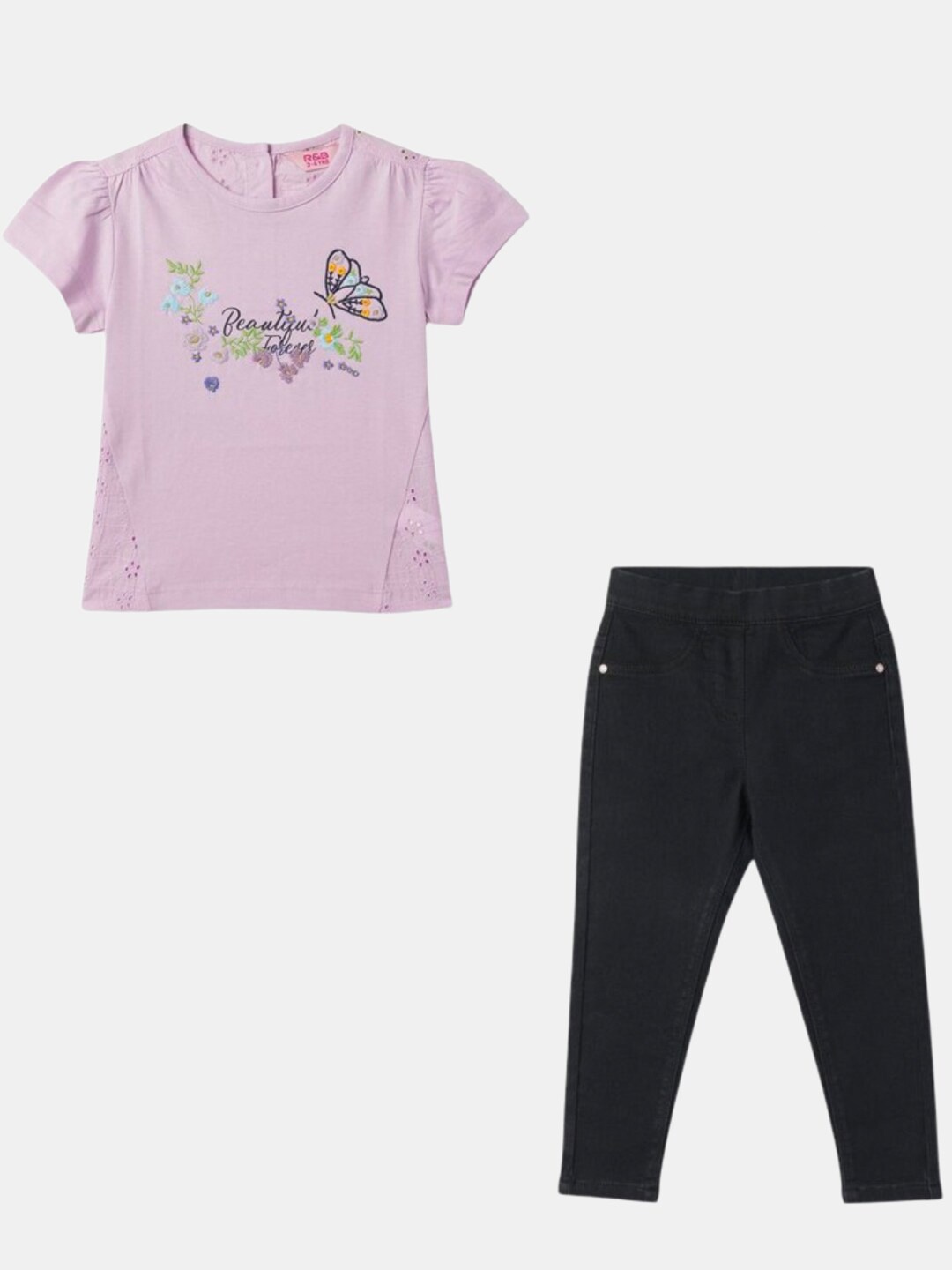 

R&B Girls Printed Round Neck Short Sleeves Pure Cotton Clothing Set, Purple