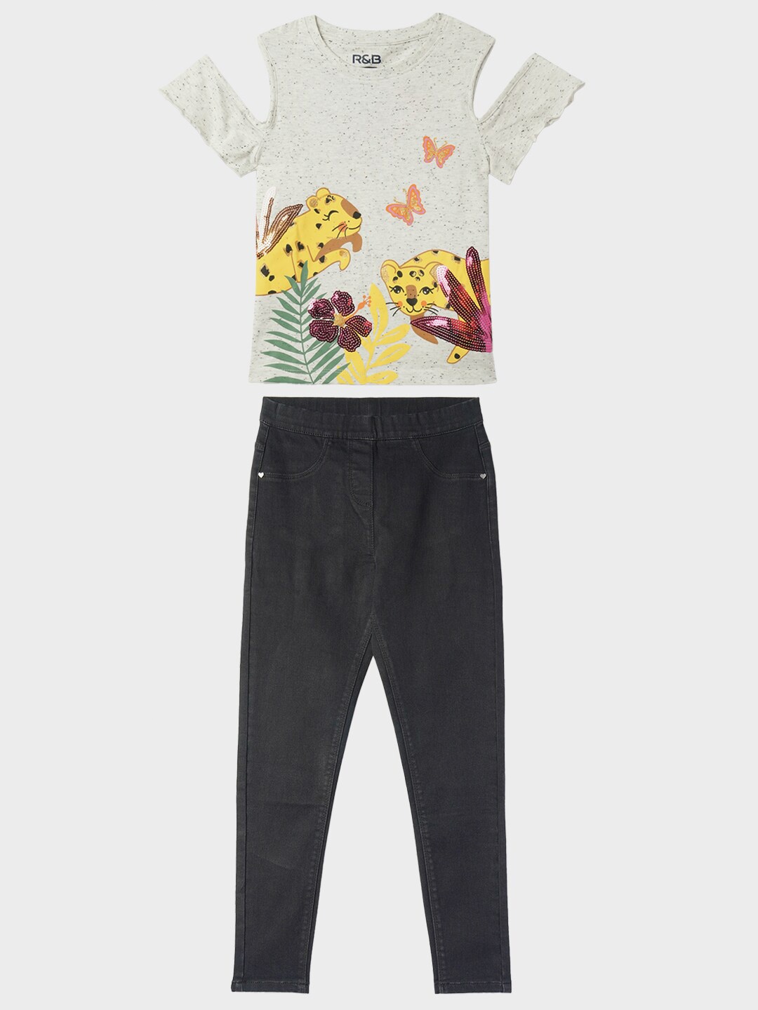R&B Girls Printed Pure Cotton Top With Trousers, Off white