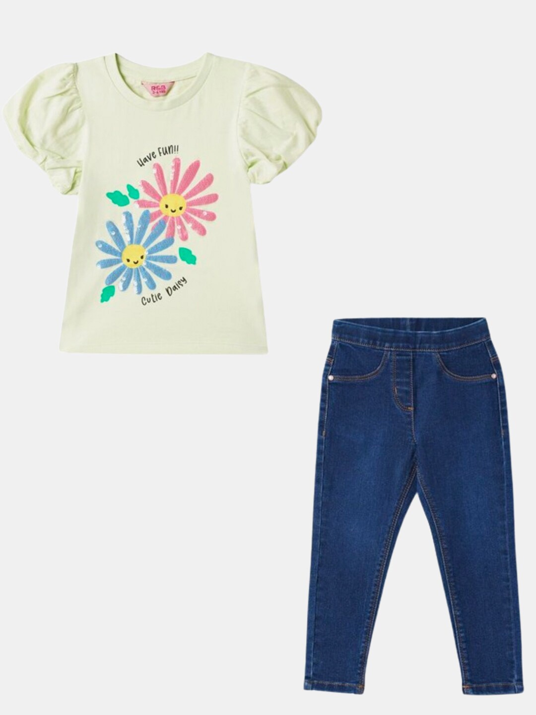 

R&B Girls Printed Pure Cotton Top with Trousers, Off white