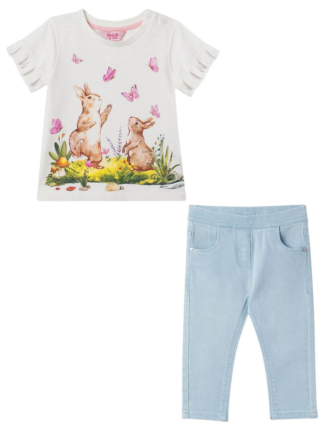 

R&B Girls Printed Round Neck Short Sleeves Pure Cotton Clothing Set, White