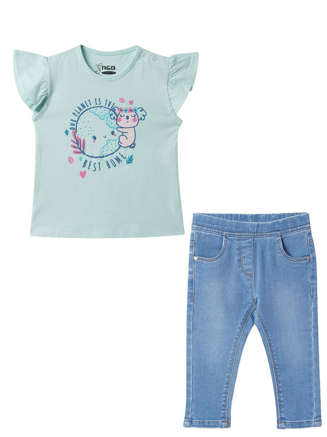 

R&B Girls Printed Round Neck Short Sleeves Pure Cotton Top with Trousers, Green