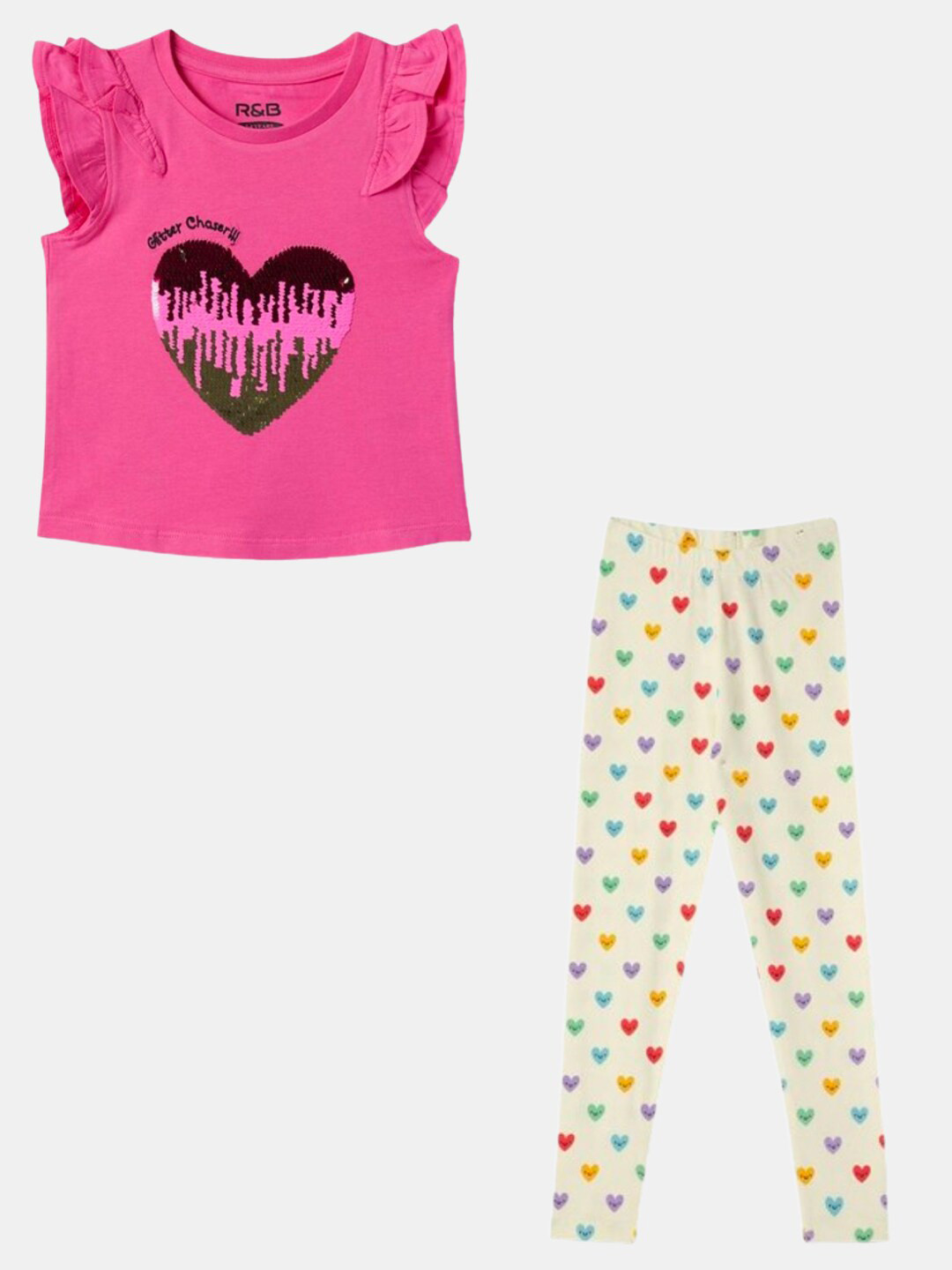 

R&B Girls Embellished Pure Cotton Top With Leggings, Pink