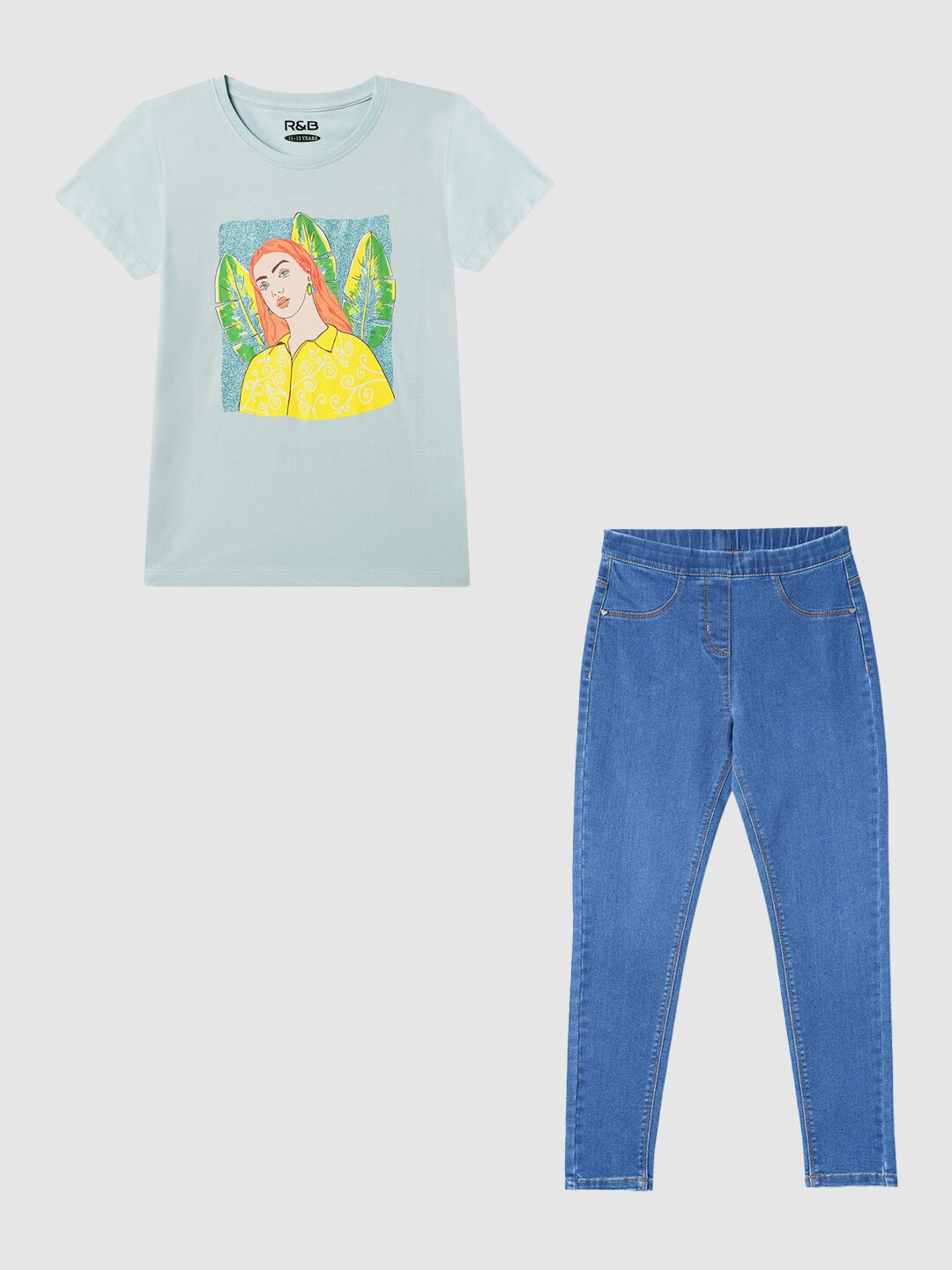 

R&B Girls Printed Pure Cotton T-Shirt With Trousers, Green