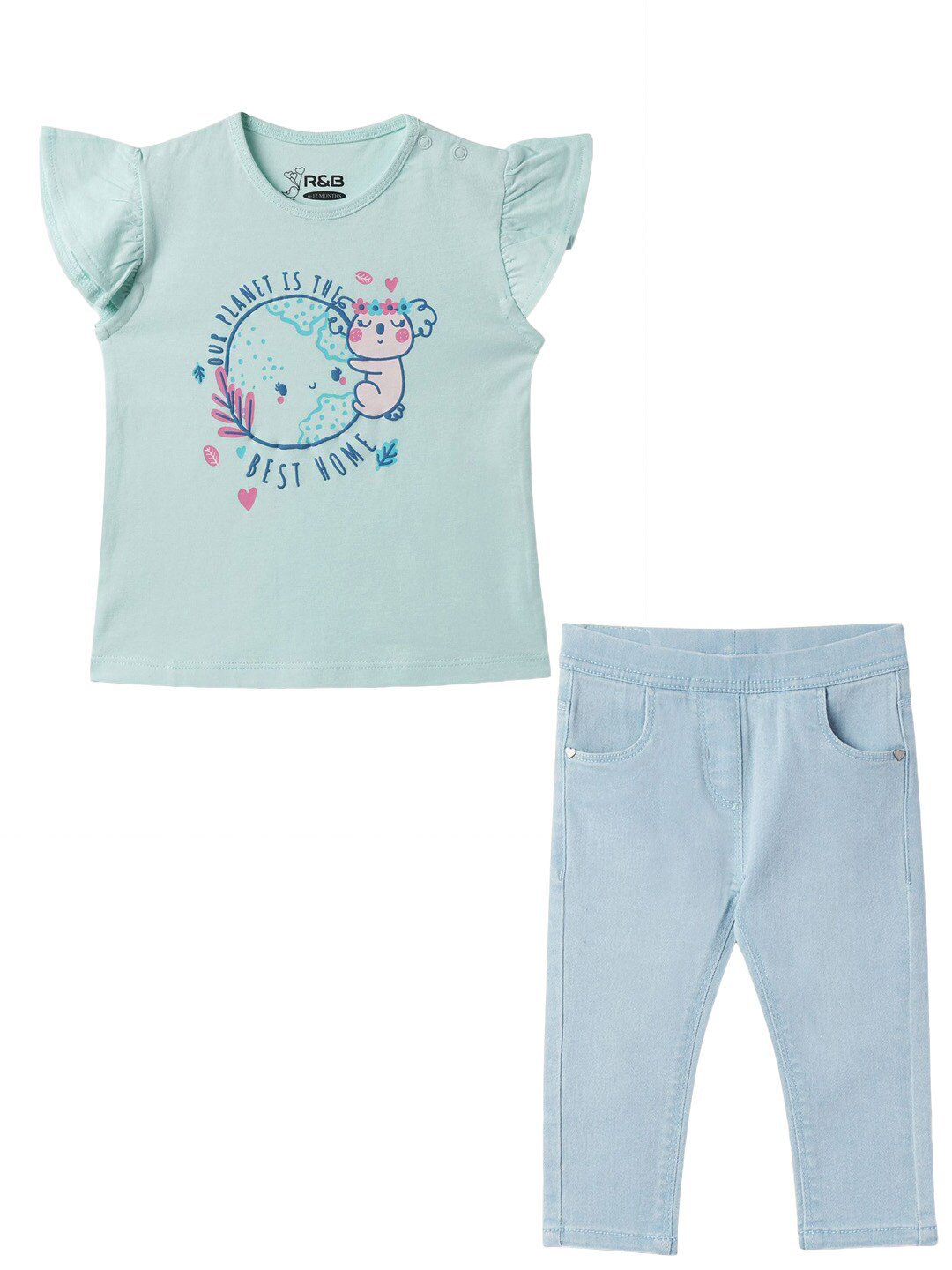 

R&B Girls Printed Pure Cotton Top With Trousers, Green