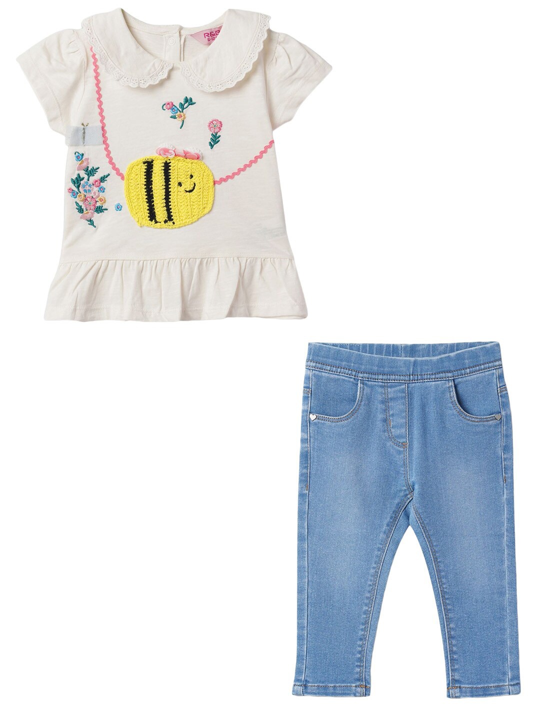 

R&B Girls Printed Round Neck Short Sleeves Clothing Set, White
