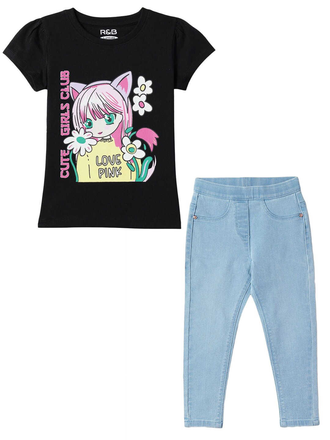 

R&B Girls Printed Top With Trousers, Black