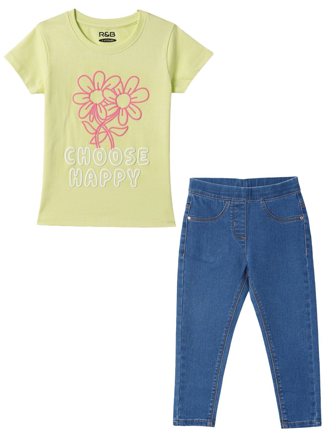 

R&B Girls Printed Pure Cotton T-shirt with Trousers, Yellow