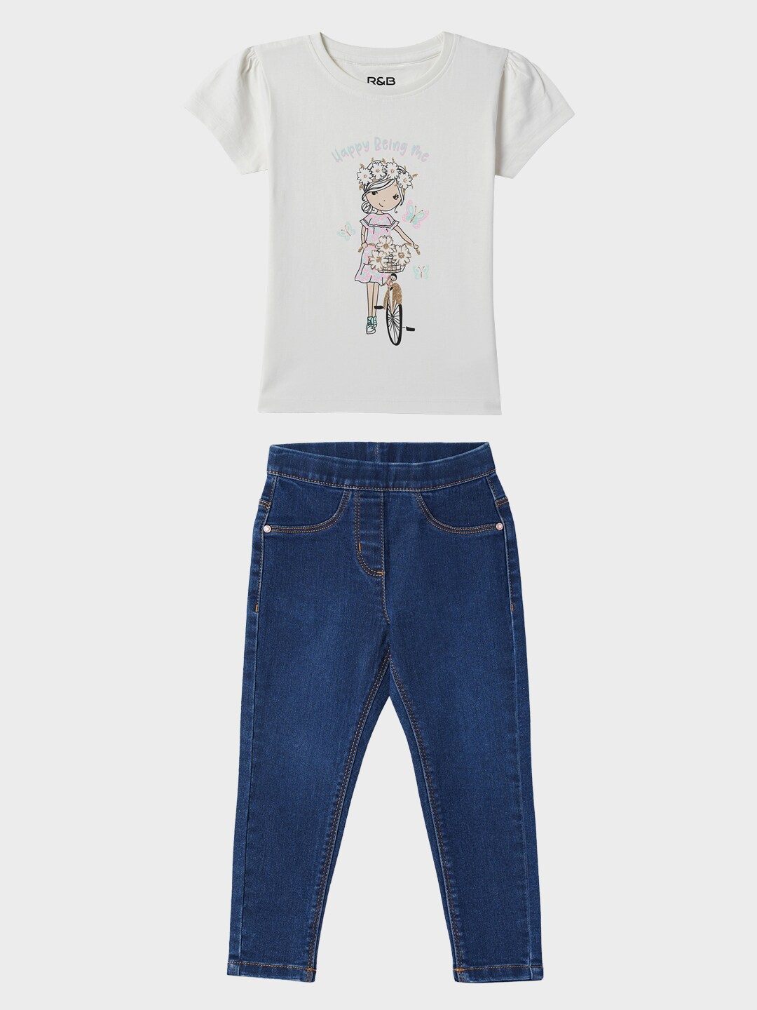 

R&B Girls Printed Round Neck Short Sleeves Pure Cotton Clothing Set, White