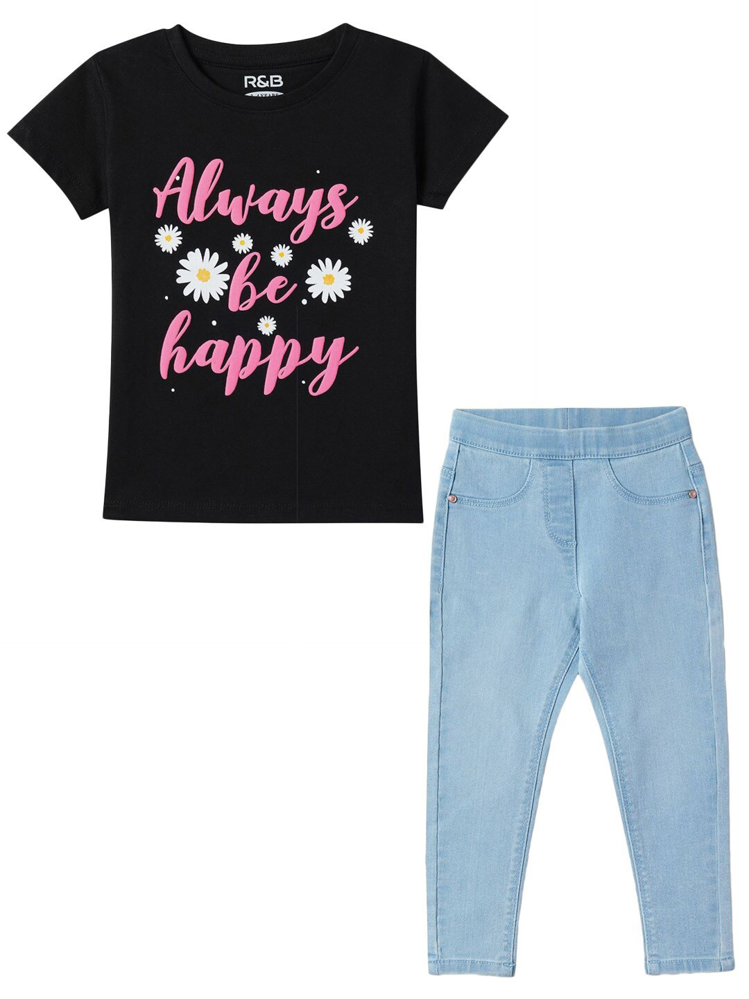 

R&B Girls Printed Round Neck Short Sleeves Pure Cotton Clothing Set, Black