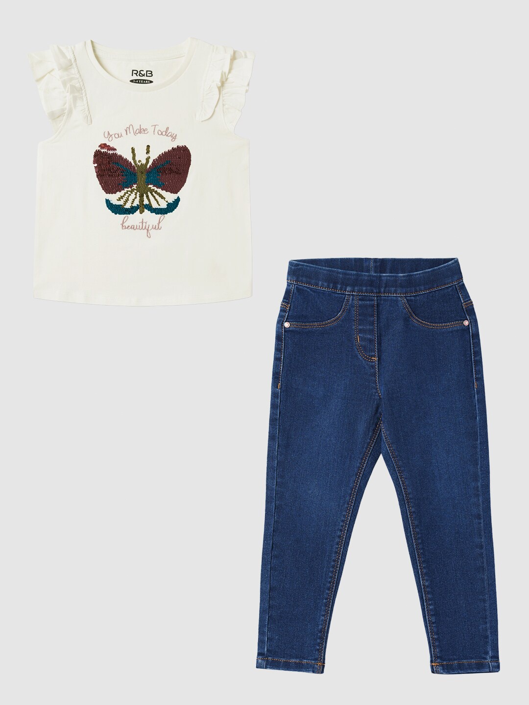 

R&B Girls Embellished Pure Cotton Top with Trousers, White
