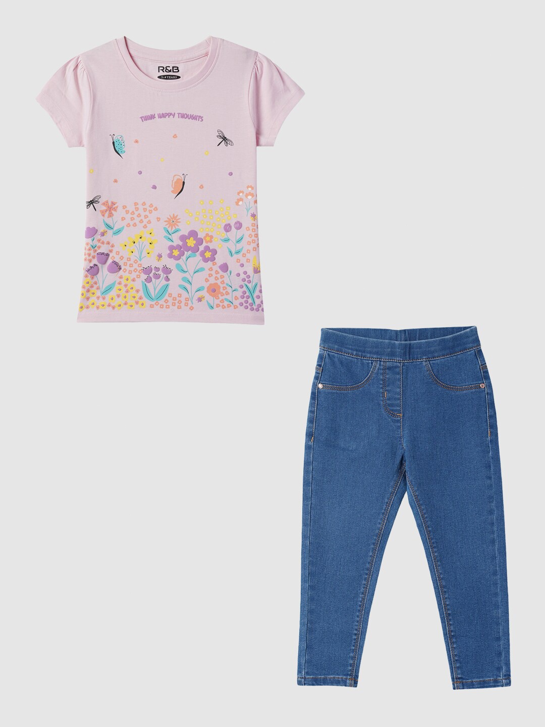 

R&B Girls Printed Pure Cotton T-Shirt With Trousers, Pink