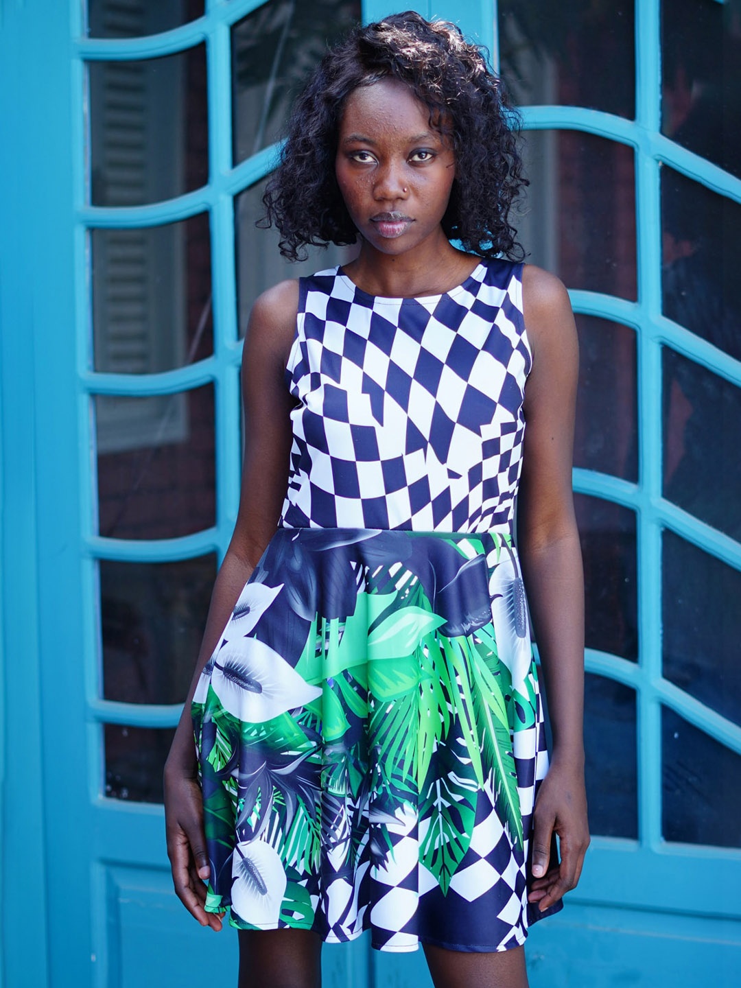 

Rajoria Instyle Round Neck Floral Printed Fit & Flare Dress, Navy blue