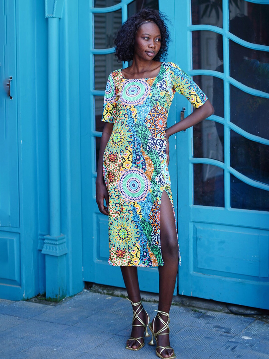 Rajoria Instyle Abstract Printed square Neck Midi A-Line Dress, Blue