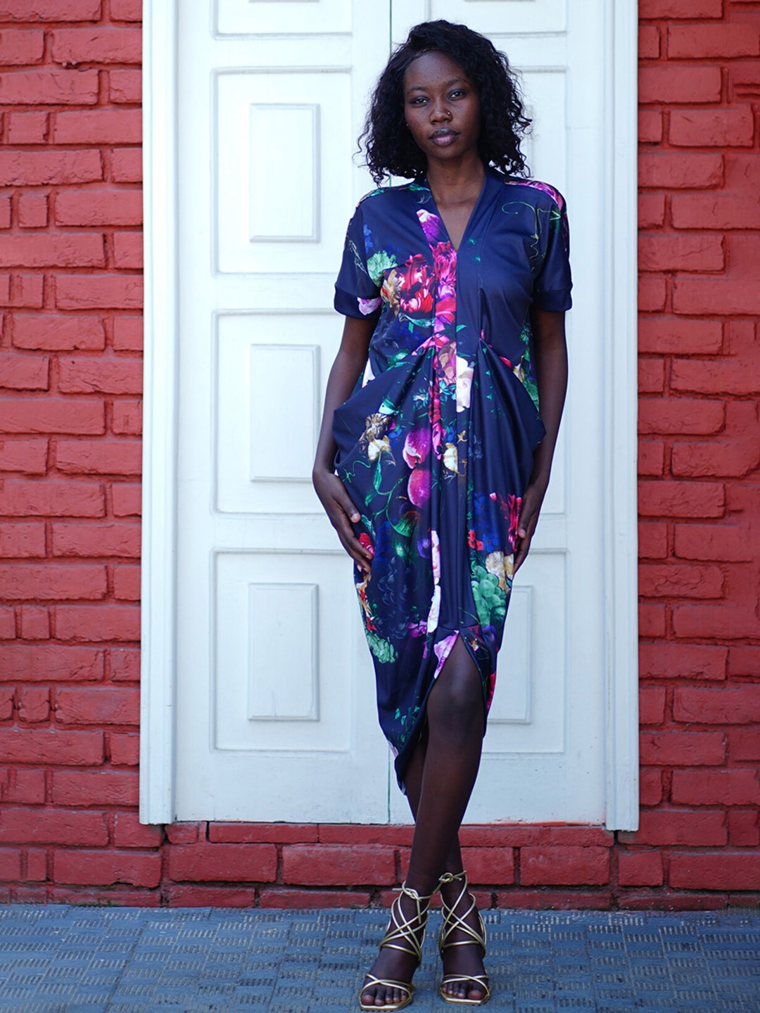 

Rajoria Instyle Floral Printed V Neck A-Line Dress, Navy blue