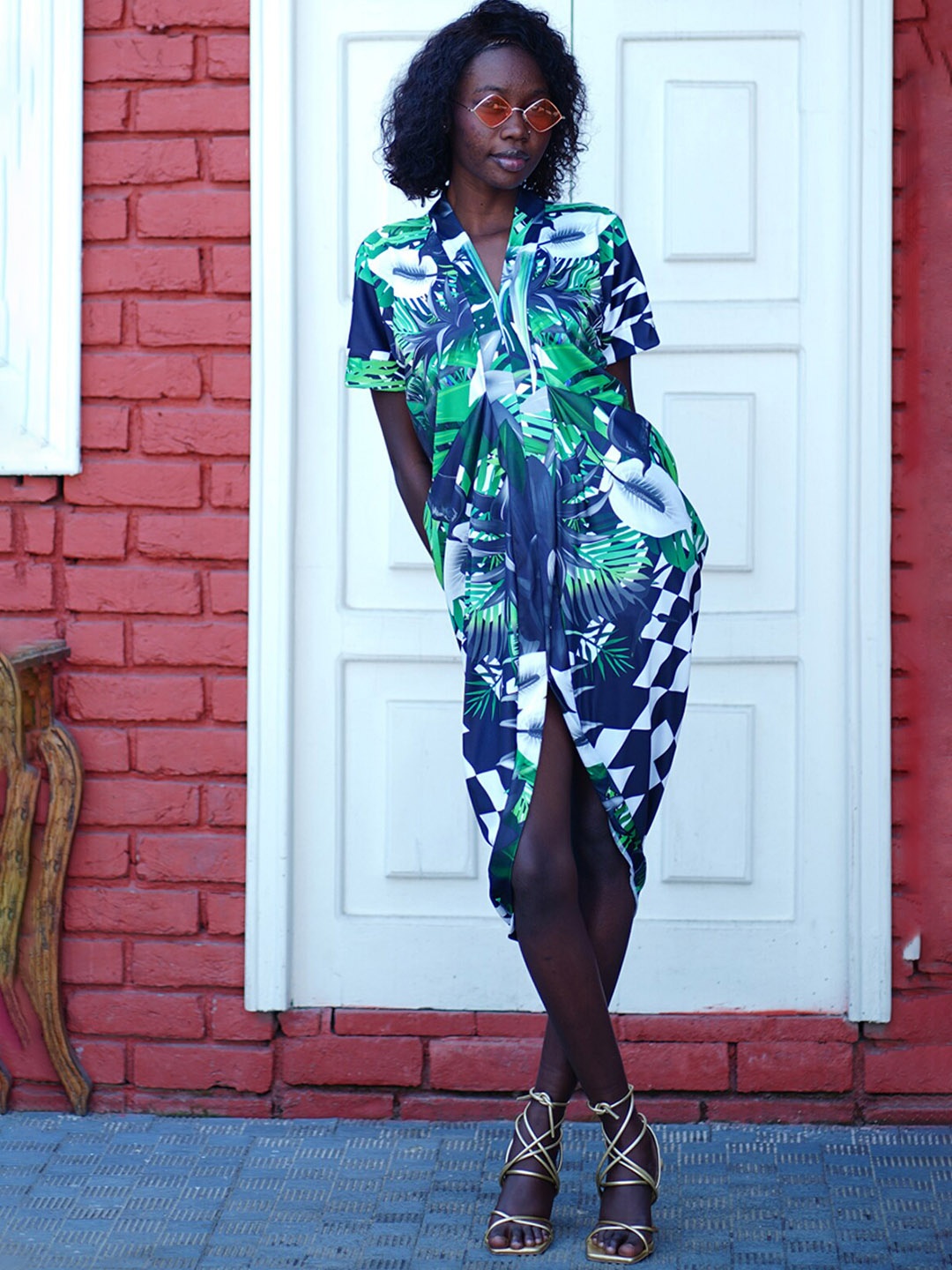 Rajoria Instyle Tropical Printed Midi Shirt Dress, Blue