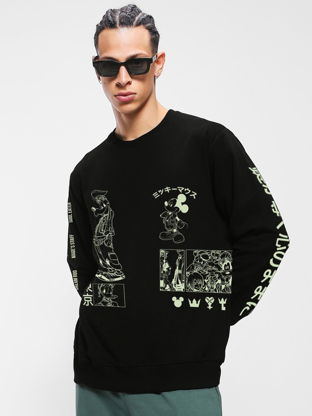 

Bewakoof Mickey Mouse Printed Ribbed Fleece Pullover Sweatshirt, Black