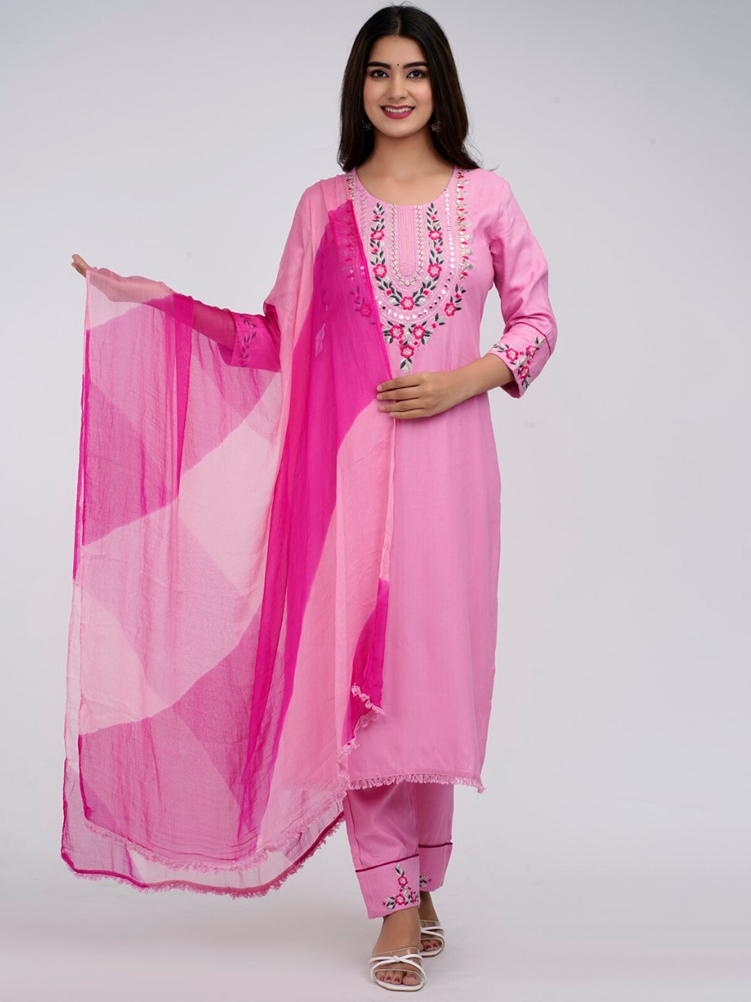 VYKOO Floral Embroidered Thread Work Kurta with Palazzo & Dupatta, Pink
